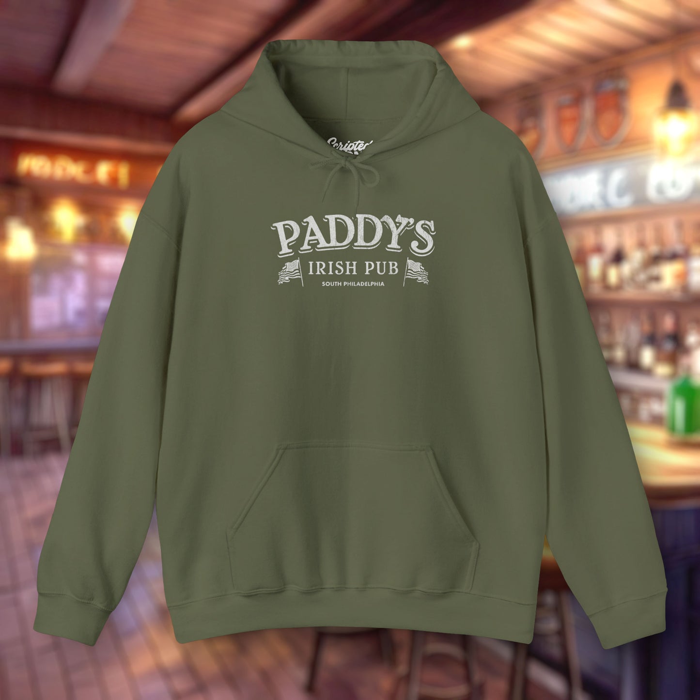 Front view of a military green colored soft unisex Hoodie Heavy Blend Hooded Sweatshirt featuring the Paddy's Pub logo graphic from the TV Show It's Always Sunny in Philadelphia, in a vintage distressed style, sold by ScriptedBrand.