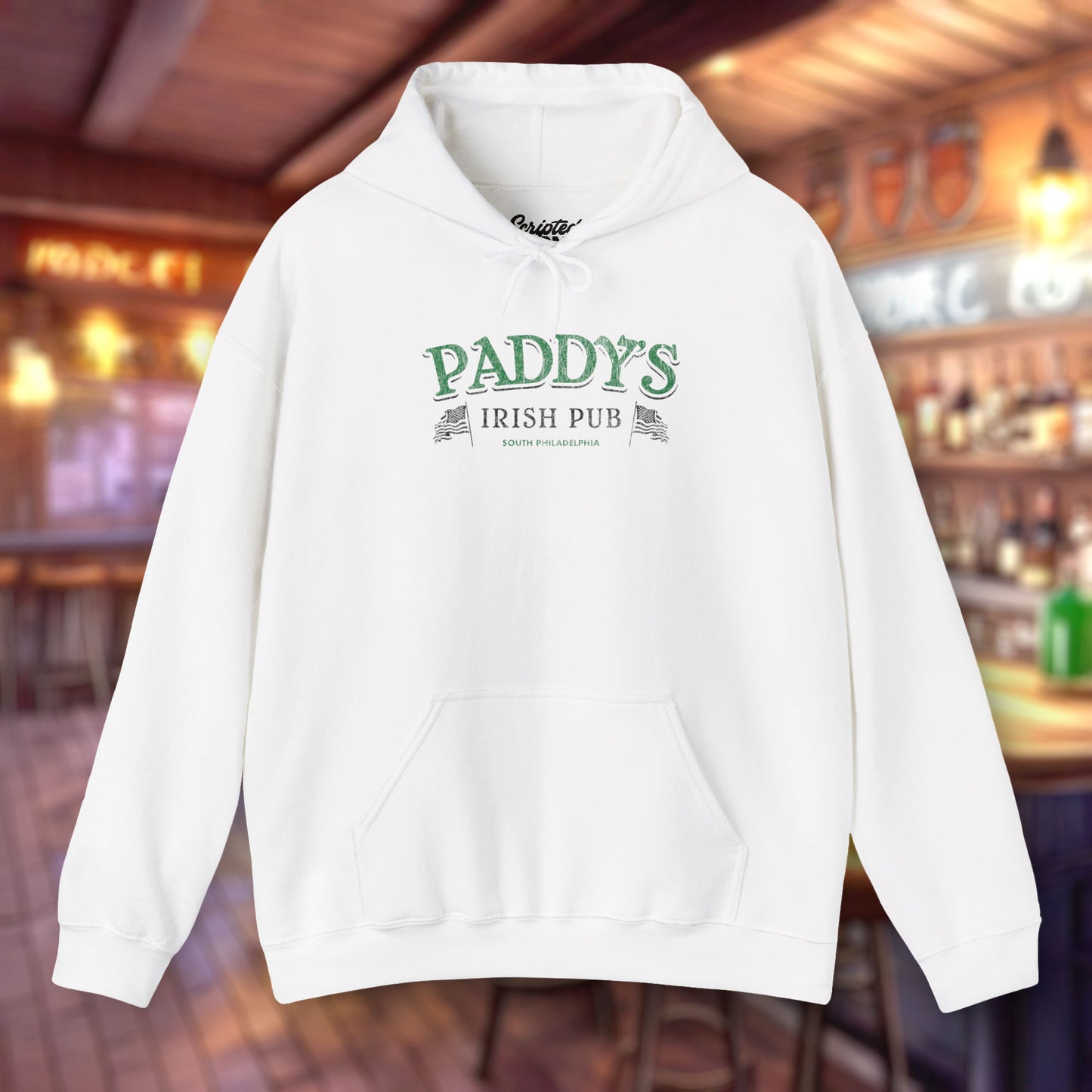 Front view of a white colored soft unisex Hoodie Heavy Blend Hooded Sweatshirt featuring the green Paddy's Pub logo graphic from the TV Show It's Always Sunny in Philadelphia, in a vintage distressed style, sold by ScriptedBrand.