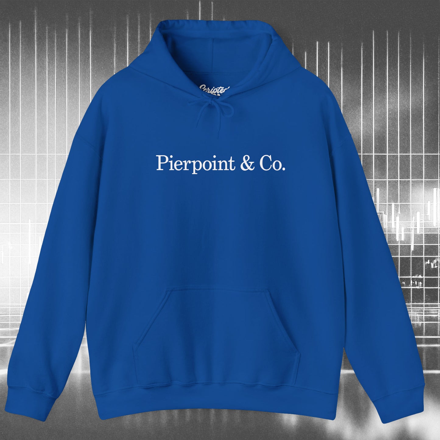 Front view of a royal blue soft Unisex Hoodie Heavy Blend Hooded Sweatshirt featuring the Pierpoint & Co logo worn by the character Eric Tao in the TV show Industry.