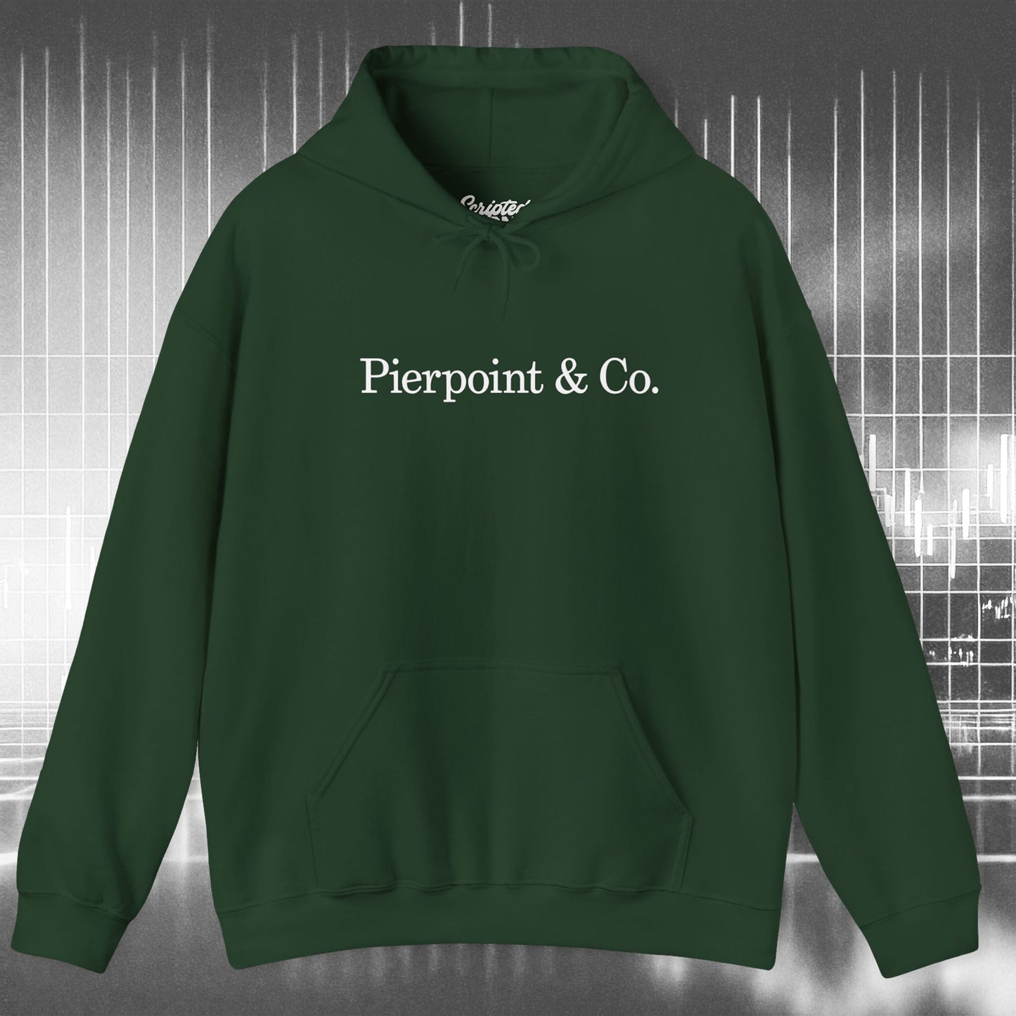 Front view of a green soft Unisex Hoodie Heavy Blend Hooded Sweatshirt featuring the Pierpoint & Co logo worn by the character Eric Tao in the TV show Industry.