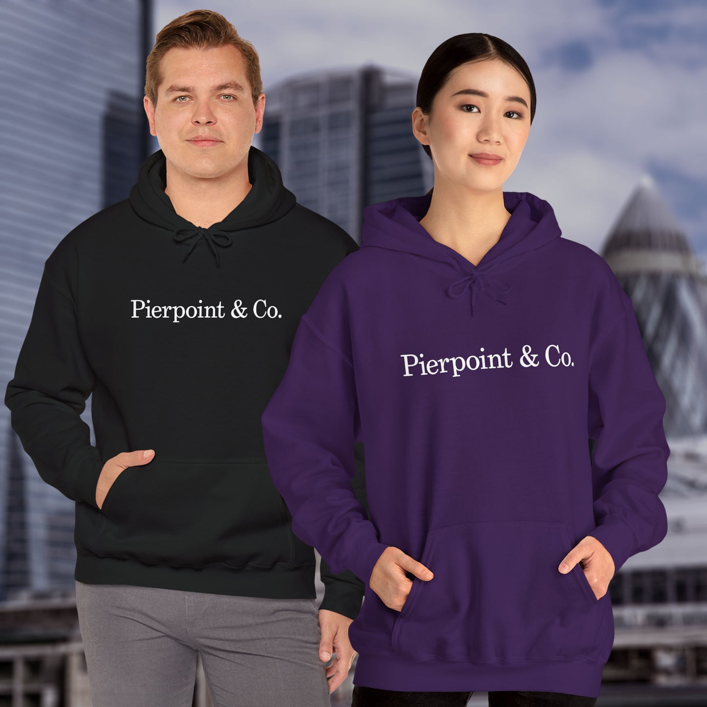 2 models wearing a Purple and black soft Unisex Hoodie Heavy Blend Hooded Sweatshirts featuring the Pierpoint & Co logo worn by the character Eric Tao in the TV show Industry.