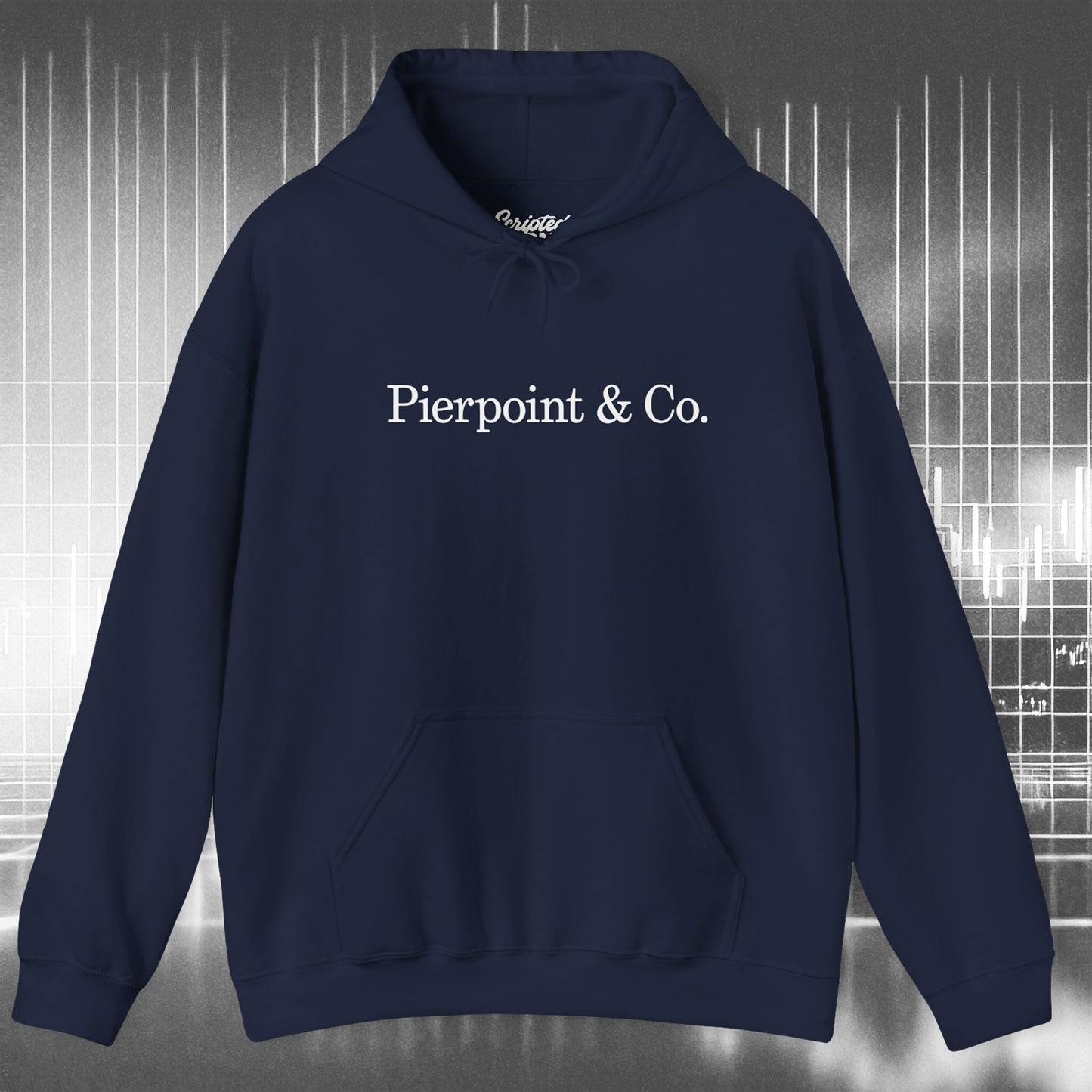 Front view of a navy blue soft Unisex Hoodie Heavy Blend Hooded Sweatshirt featuring the Pierpoint & Co logo worn by the character Eric Tao in the TV show Industry.