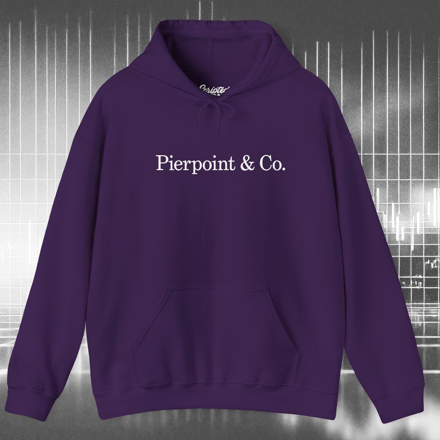Front view of a Purple soft Unisex Hoodie Heavy Blend Hooded Sweatshirt featuring the Pierpoint & Co logo worn by the character Eric Tao in the TV show Industry.
