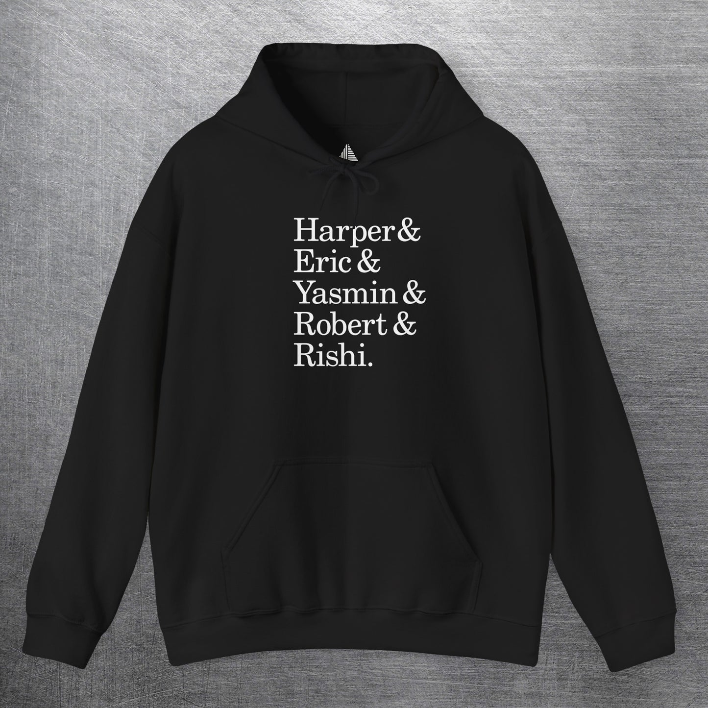 Black hoodie with names Harper, Eric, Yasmin, Robert & Rishi in Pierpoint & Co. font, inspired by TV show Industry.