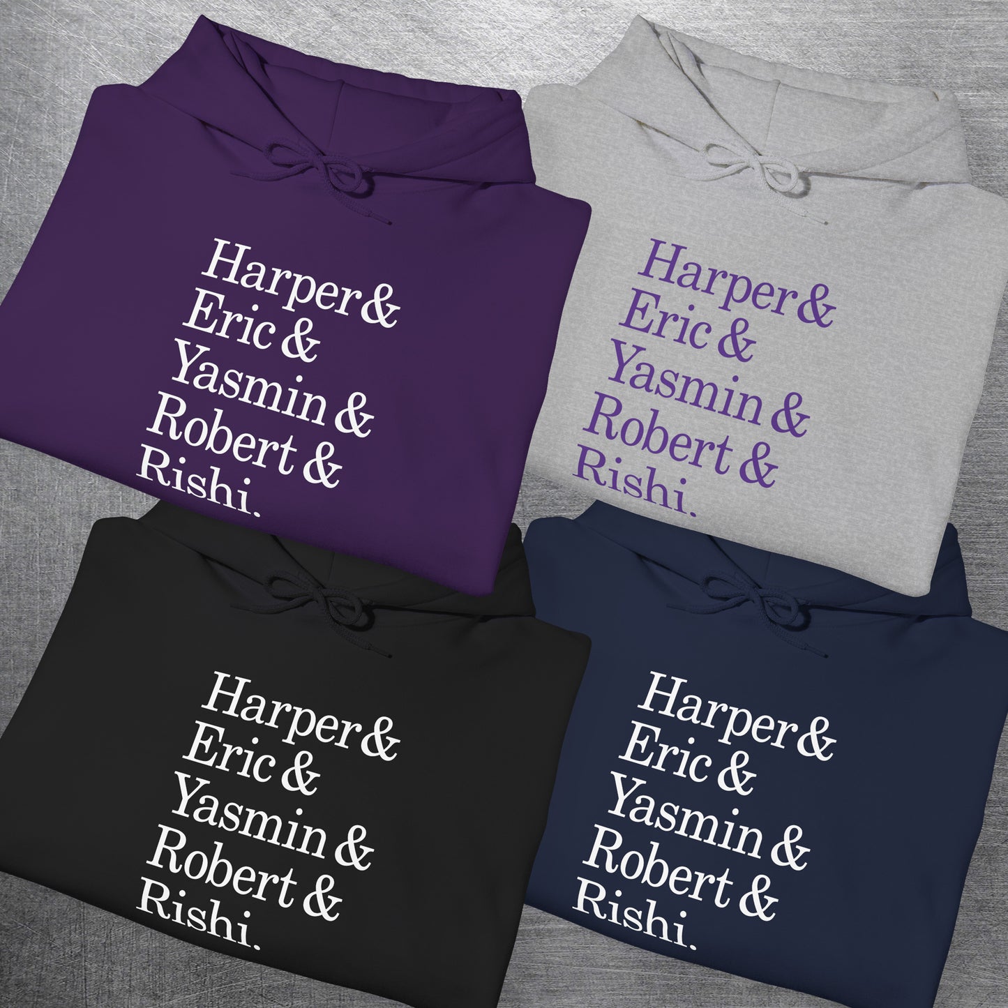 Four folded hoodies with names Harper, Eric, Yasmin, Robert & Rishi in Pierpoint & Co. font, inspired by TV show Industry.