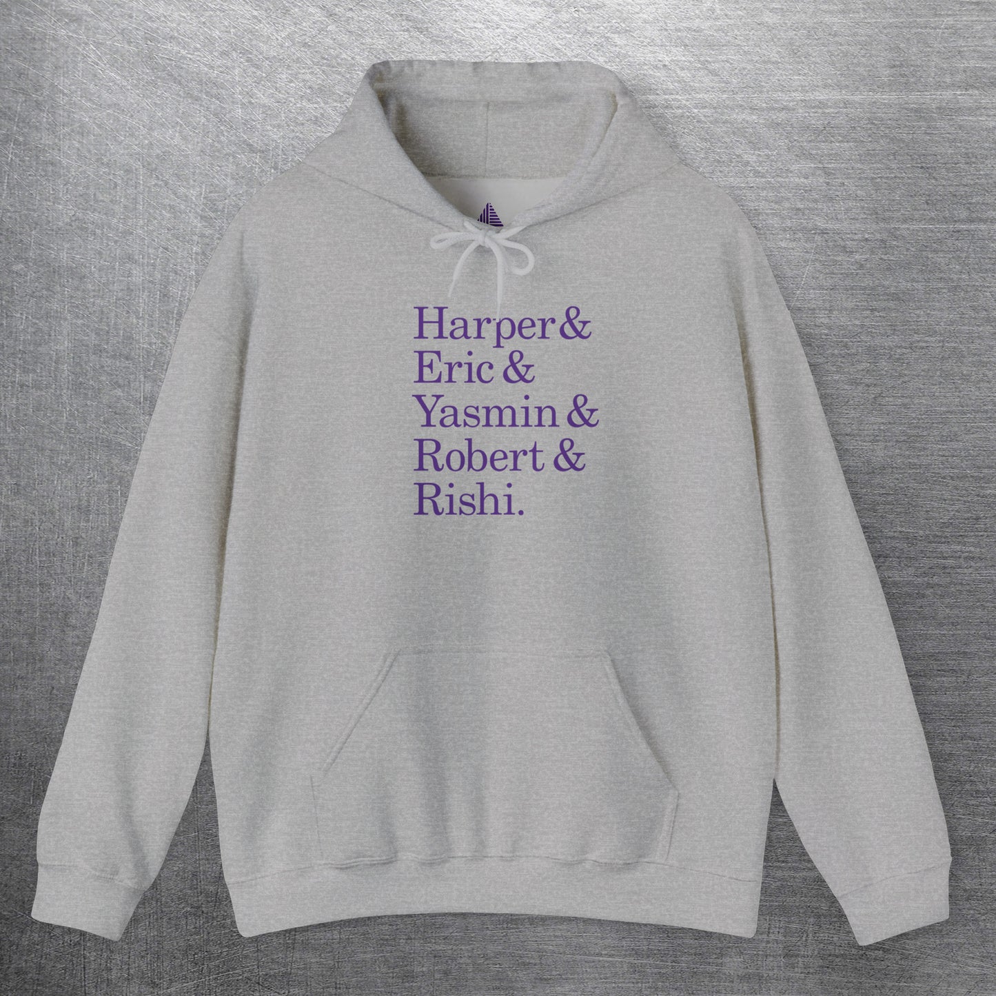 Sport Heather Gray hoodie with purple names Harper, Eric, Yasmin, Robert & Rishi in Pierpoint & Co. font, inspired by TV show Industry.