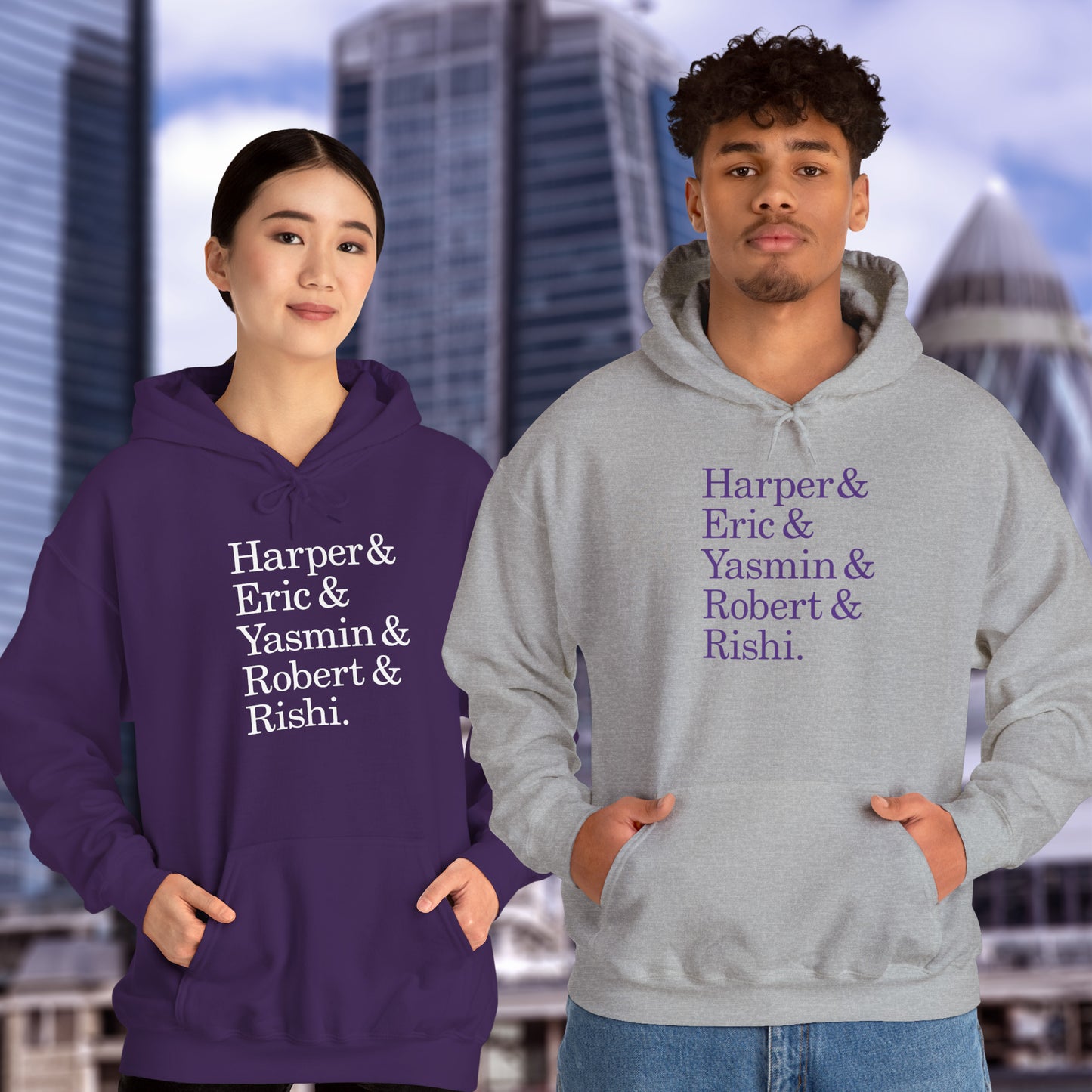 Two people wearing hoodies with names Harper, Eric, Yasmin, Robert & Rishi in Pierpoint & Co. font, inspired by TV show Industry.