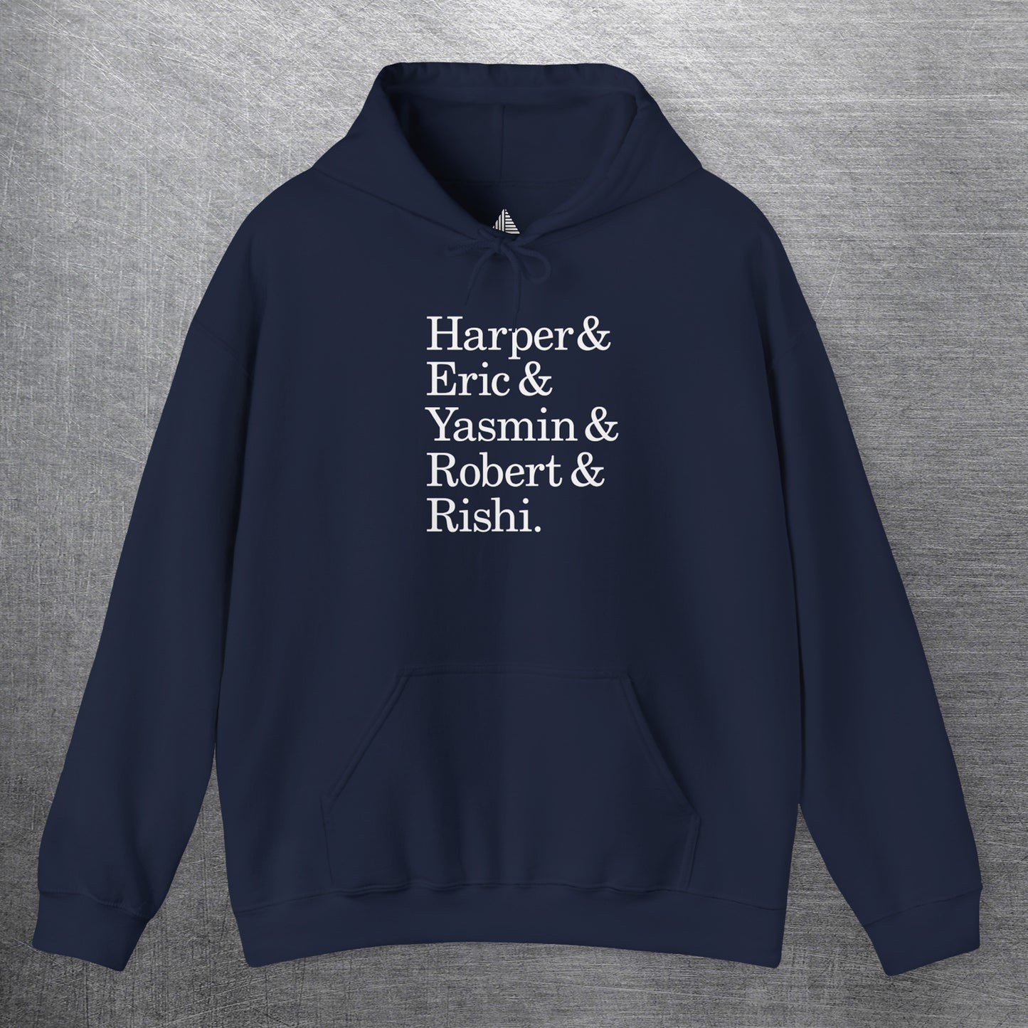 Navy hoodie with names Harper, Eric, Yasmin, Robert & Rishi in Pierpoint & Co. font, inspired by TV show Industry.