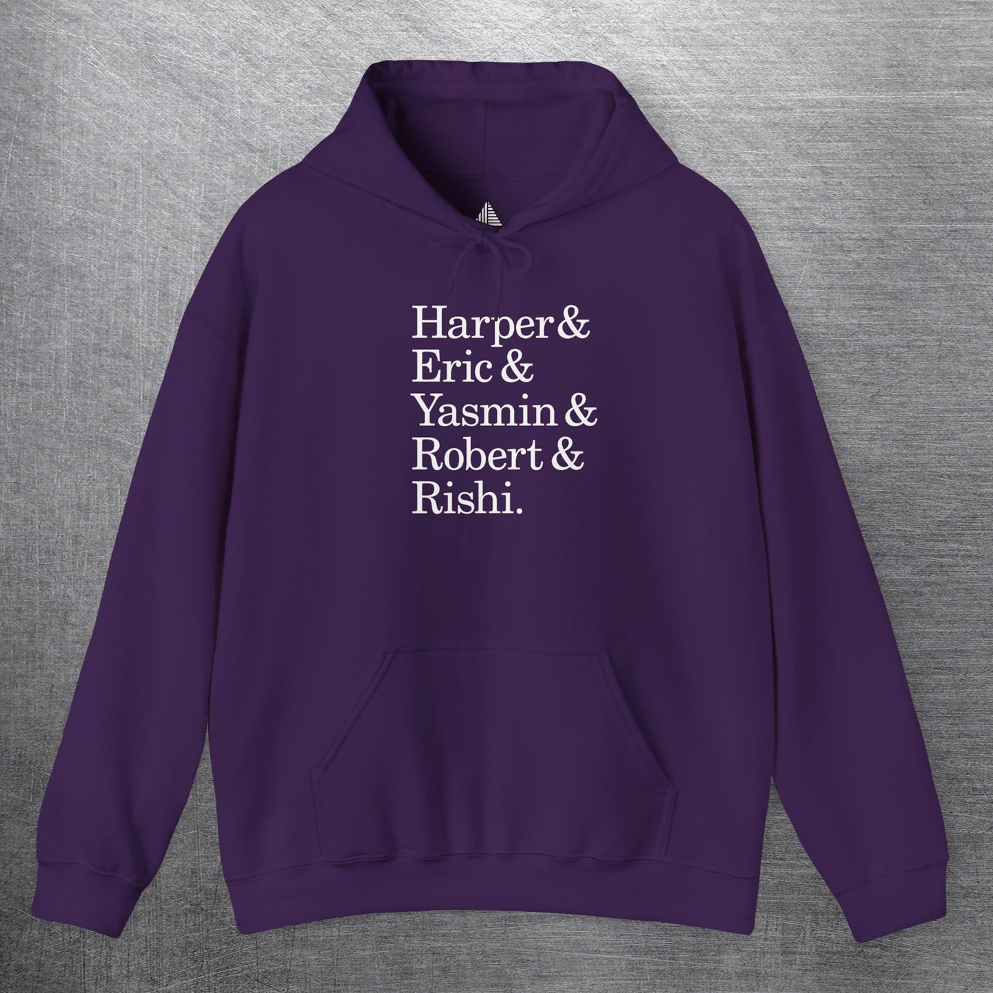 Purple hoodie with names Harper, Eric, Yasmin, Robert & Rishi in Pierpoint & Co. font, inspired by TV show Industry.