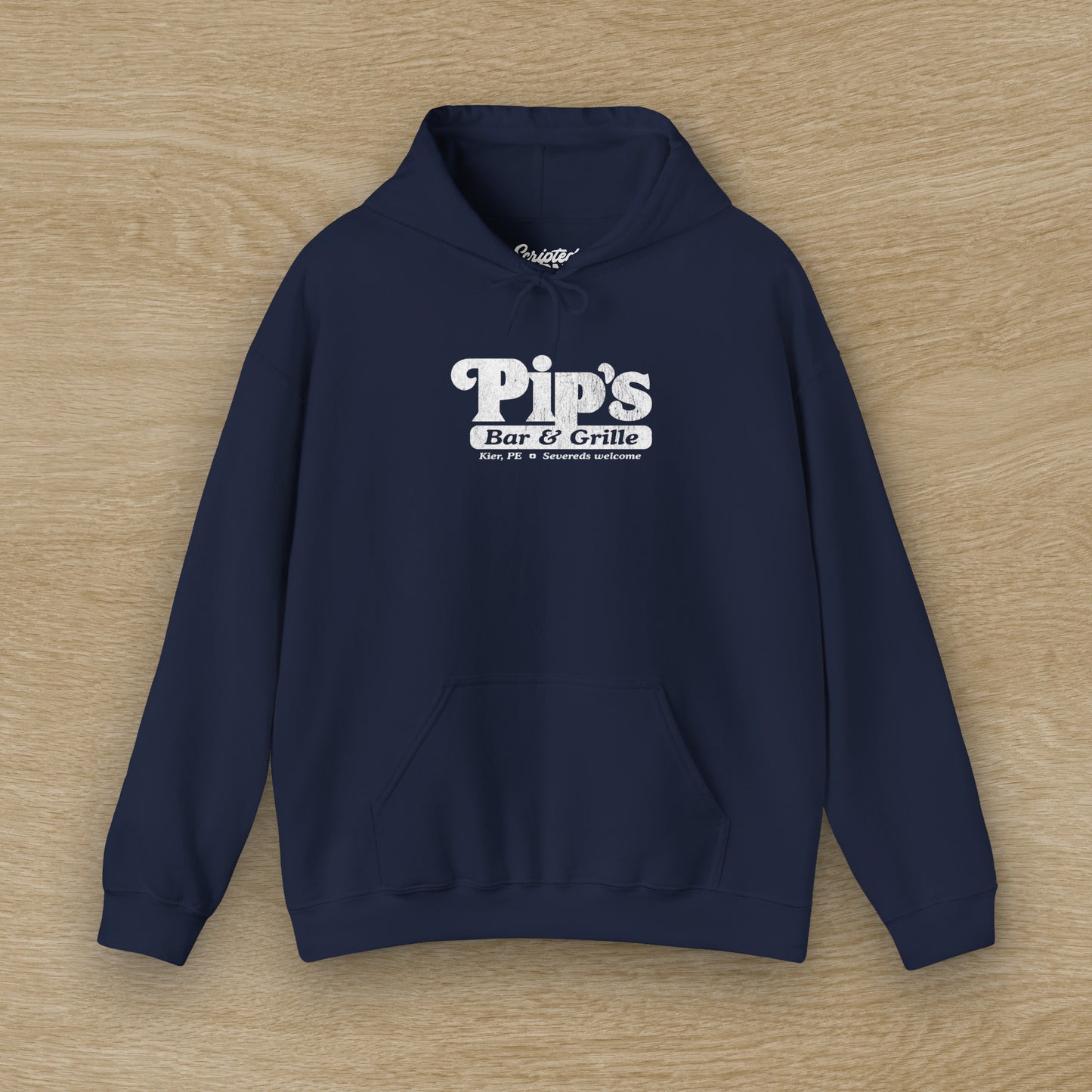 Front view of a navy blue colored Soft Unisex Hoodie Heavy Blend Hooded Sweatshirt featuring the Pips Bar & Grill logo, with the added text "Severeds Welcome" inspired by the TV show Severance in a vintage distressed style, sold by ScriptedBrand.