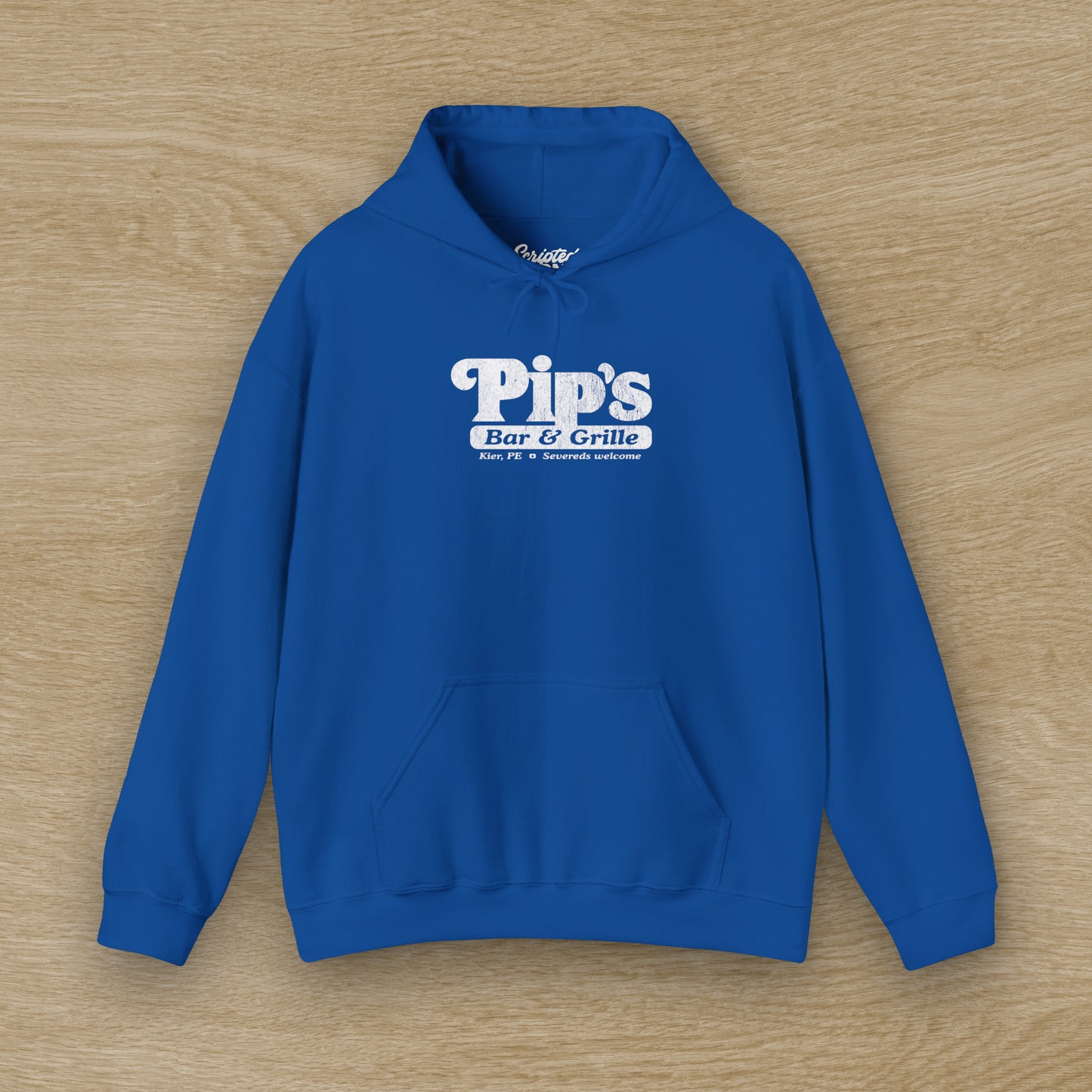 Front view of a royal blue colored Soft Unisex Hoodie Heavy Blend Hooded Sweatshirt featuring the Pips Bar & Grill logo, with the added text "Severeds Welcome" inspired by the TV show Severance in a vintage distressed style, sold by ScriptedBrand.