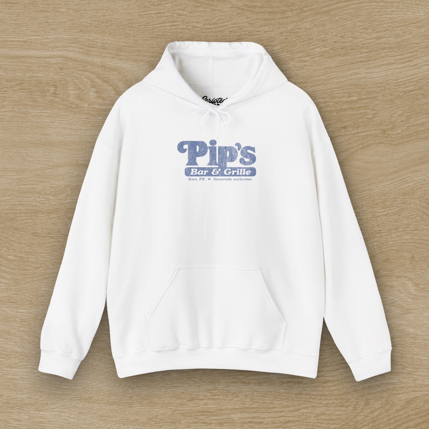 Front view of a white colored Soft Unisex Hoodie Heavy Blend Hooded Sweatshirt featuring the Pips Bar & Grill logo, with the added text "Severeds Welcome" inspired by the TV show Severance in a vintage distressed style, sold by ScriptedBrand.