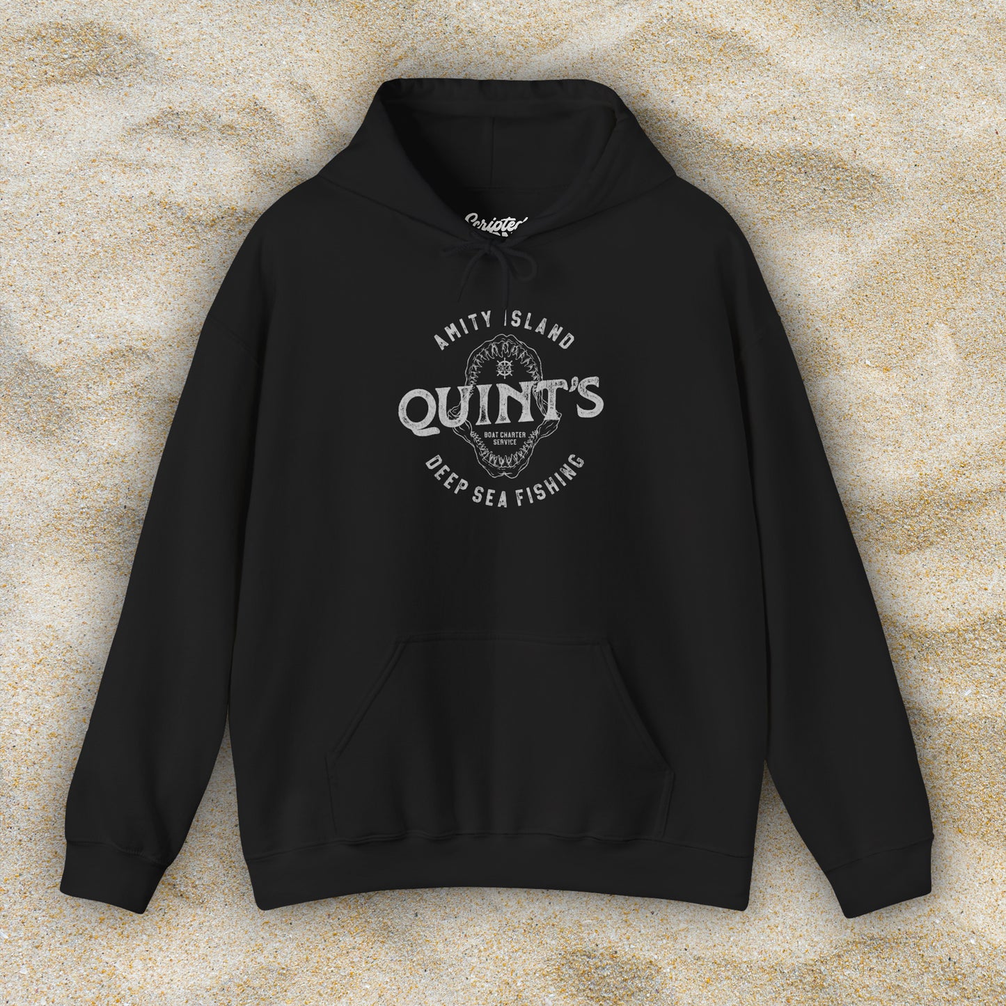 Front view of a black Soft Unisex Hoodie Heavy Blend Hooded Sweatshirt featuring a Quint's Deep Sea Fishing Boat Charters logo graphic, designed by ScriptedBrand, and inspired by the movie Jaws in a vintage distressed style.