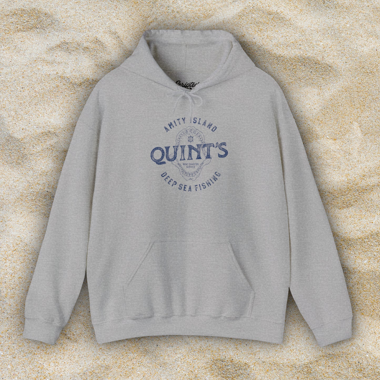 Front view of a heather gray Soft Unisex Hoodie Heavy Blend Hooded Sweatshirt featuring a Quint's Deep Sea Fishing Boat Charters logo graphic, designed by ScriptedBrand, and inspired by the movie Jaws in a vintage distressed style.