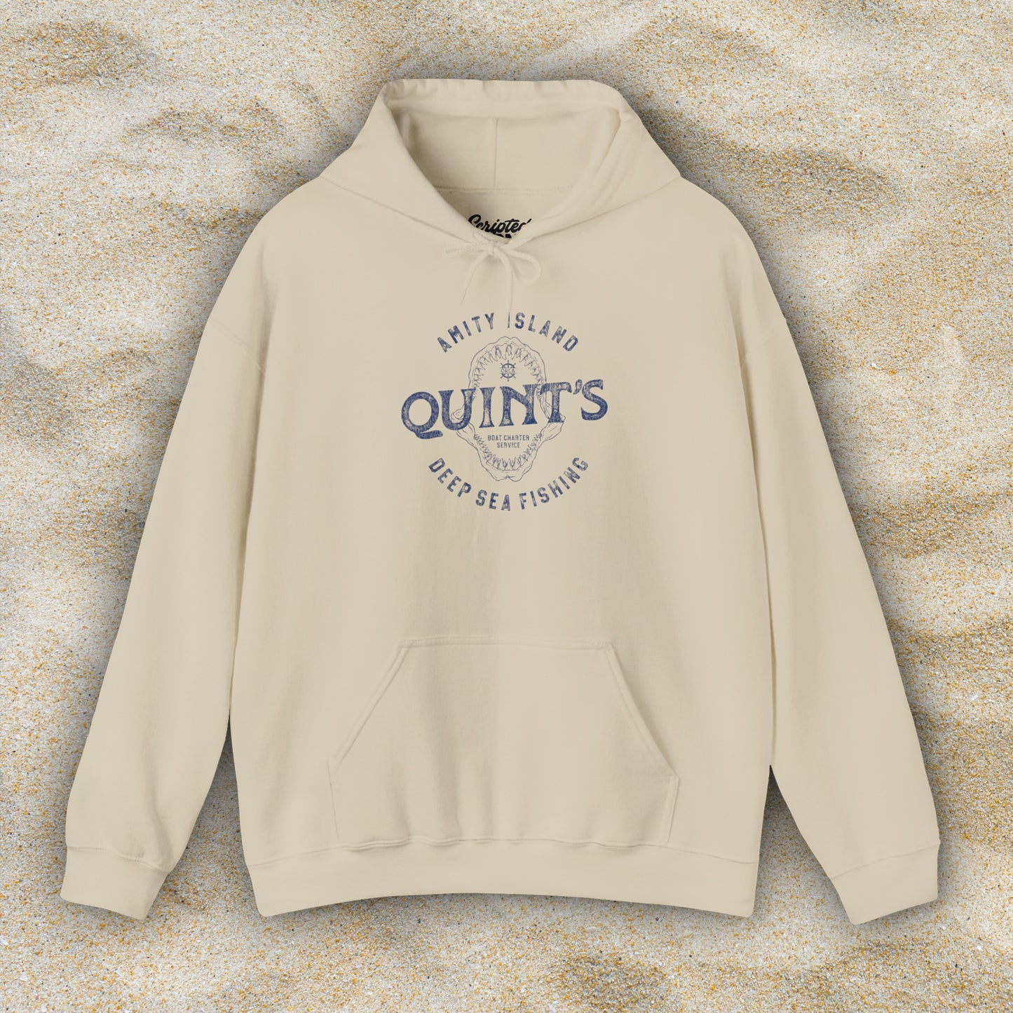 Front view of a sand tan Soft Unisex Hoodie Heavy Blend Hooded Sweatshirt featuring a Quint's Deep Sea Fishing Boat Charters logo graphic, designed by ScriptedBrand, and inspired by the movie Jaws in a vintage distressed style.