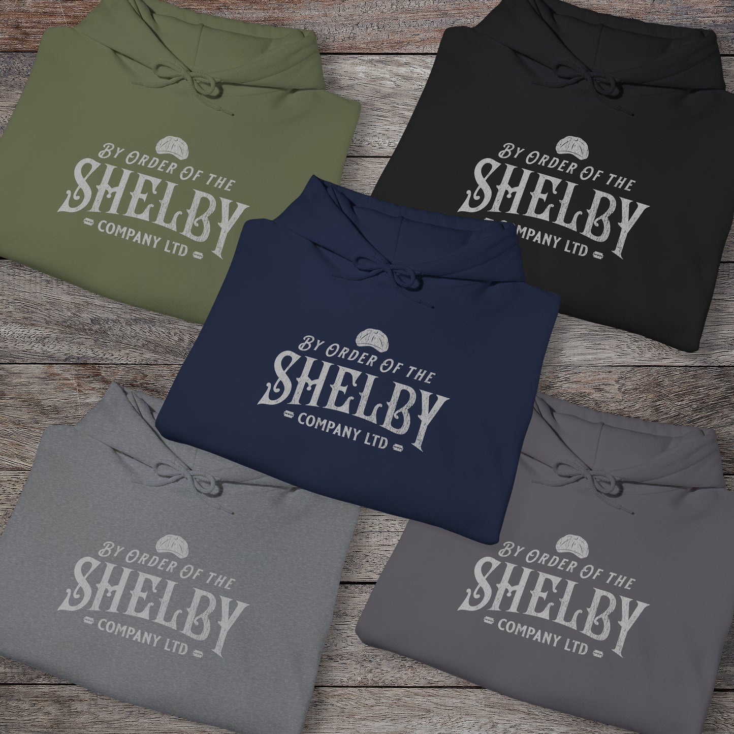 Group of 5 Shelby Company Ltd hoodies with vintage logo from Peaky Blinders, featuring flat cap and razor blades.