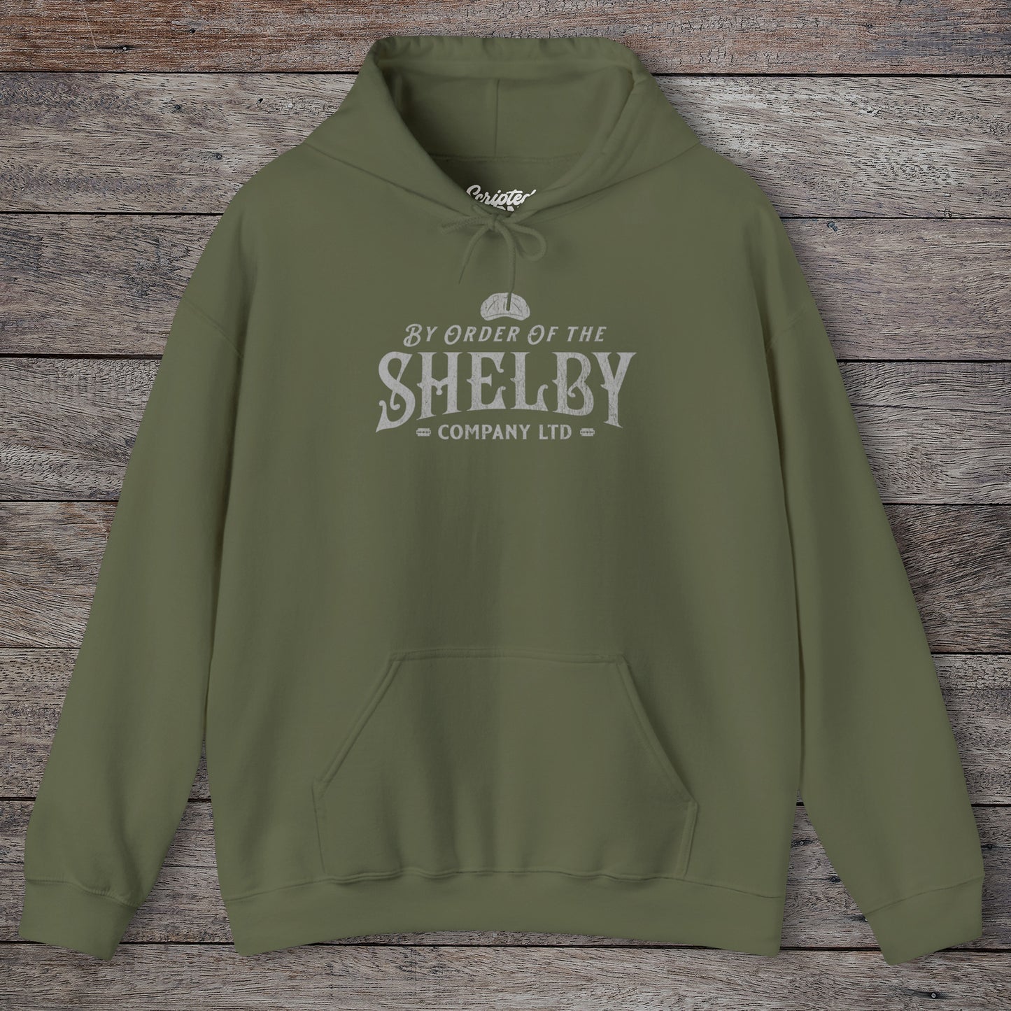 Front view of a military green Shelby Company Ltd hoodie with vintage logo from Peaky Blinders, featuring flat cap and razor blades.