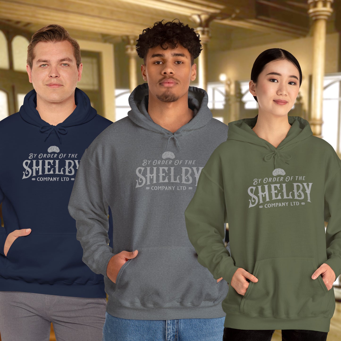 3 models wearing Shelby Company Ltd hoodies with vintage logo from Peaky Blinders, featuring flat cap and razor blades.