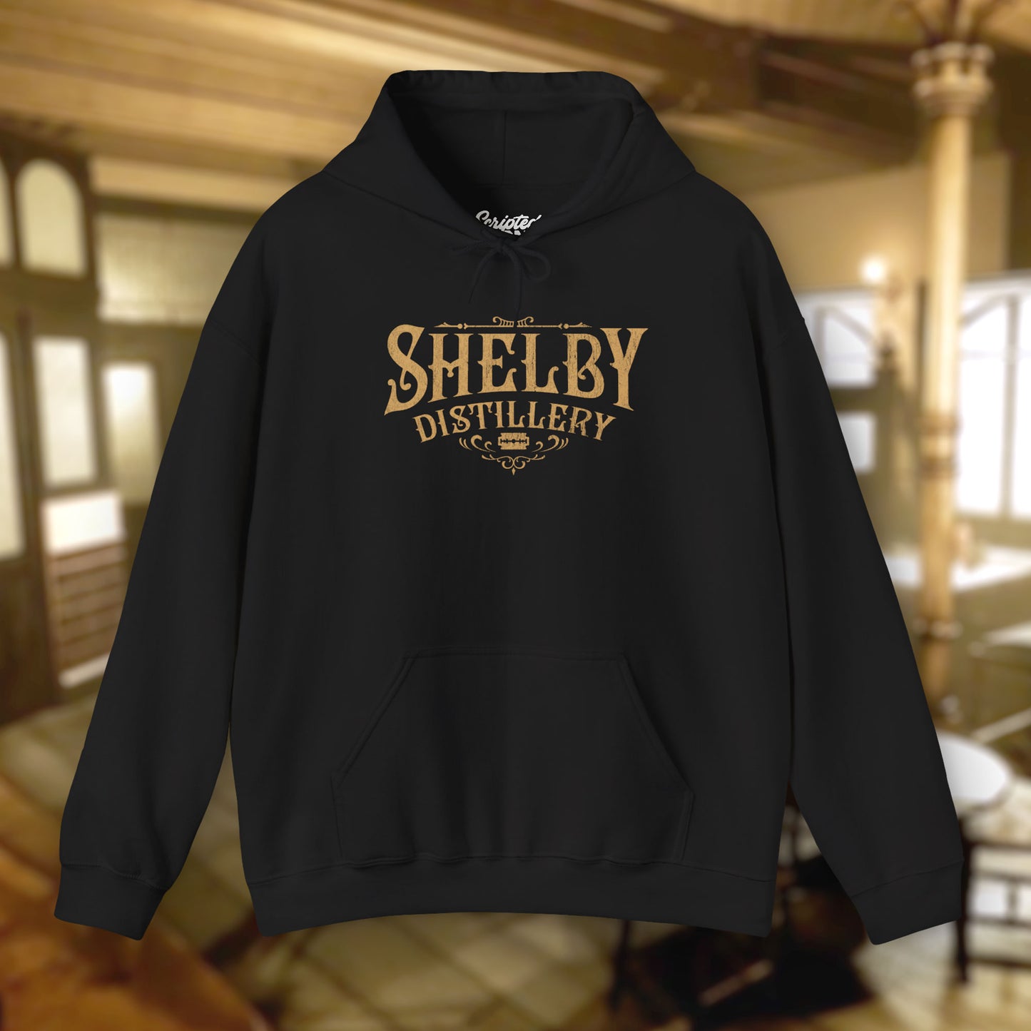 Black colored Unisex Hoodie Heavy Blend Hooded Sweatshirt featuring the Shelby Company Limited Distillery Logo Graphic inspired by the TV show and movie Peaky Blinders in a vintage distressed ink-stamped worn-in style.
