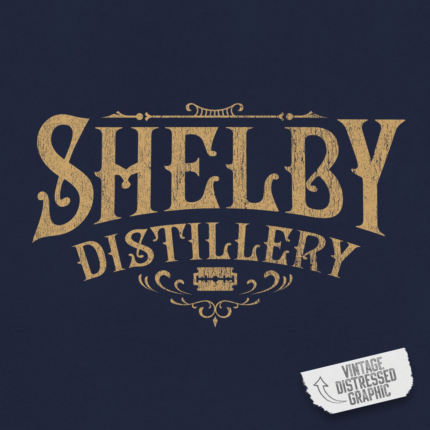 Closeup view of a navy blue Unisex Hoodie Heavy Blend Hooded Sweatshirt featuring the Shelby Company Limited Distillery Logo Graphic inspired by the TV show and movie Peaky Blinders in a vintage distressed ink-stamped worn-in style.