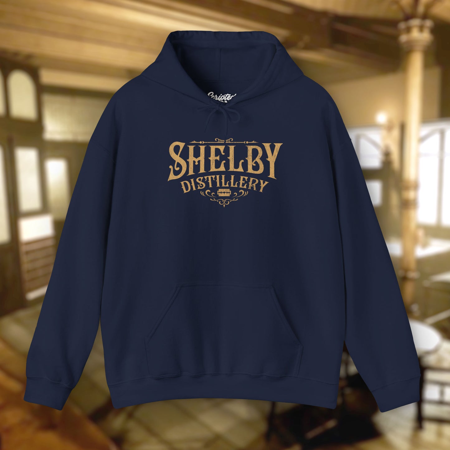 Navy blue colored Unisex Hoodie Heavy Blend Hooded Sweatshirt featuring the Shelby Company Limited Distillery Logo Graphic inspired by the TV show and movie Peaky Blinders in a vintage distressed ink-stamped worn-in style.