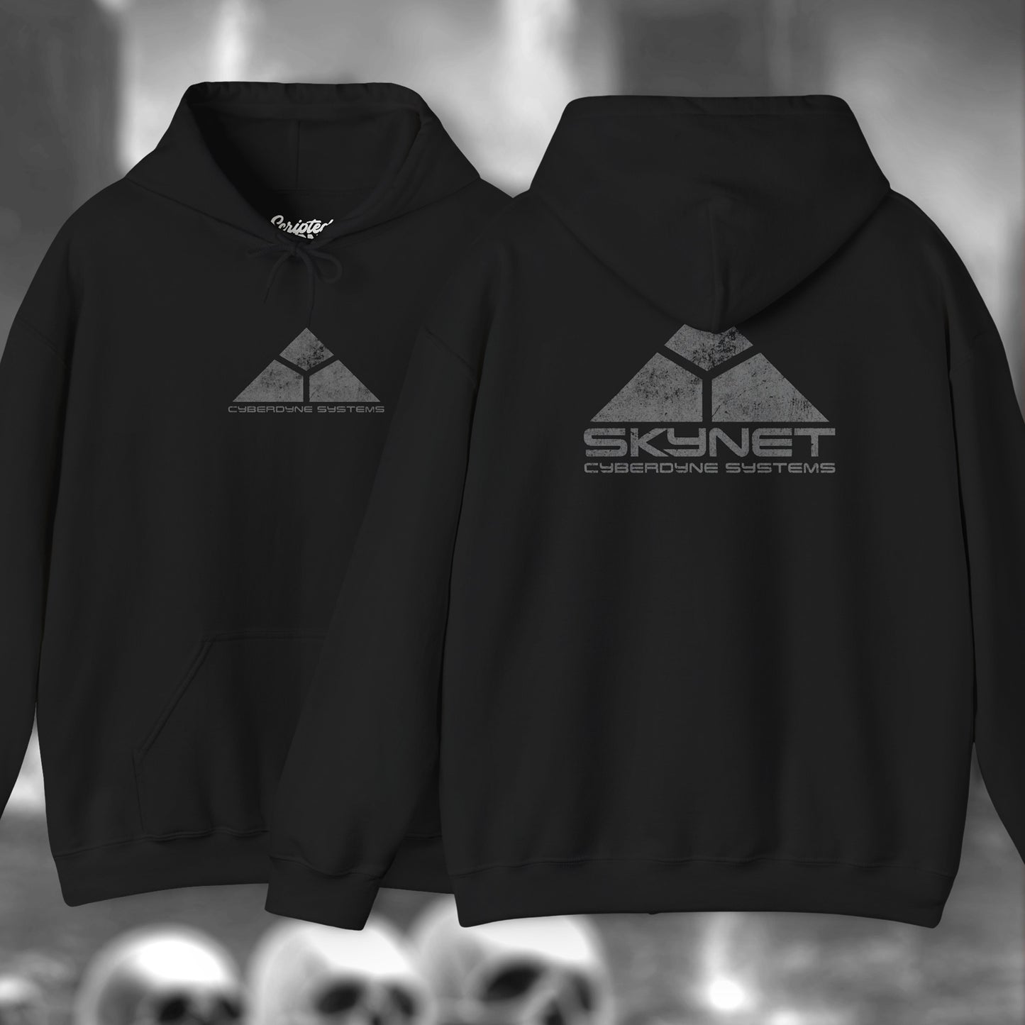 Black Hoodie Sweatshirt featuring the fictional logo Skynet Cyberdyne Systems from the movie The Terminator printed on both sides in a vintage distressed style.
