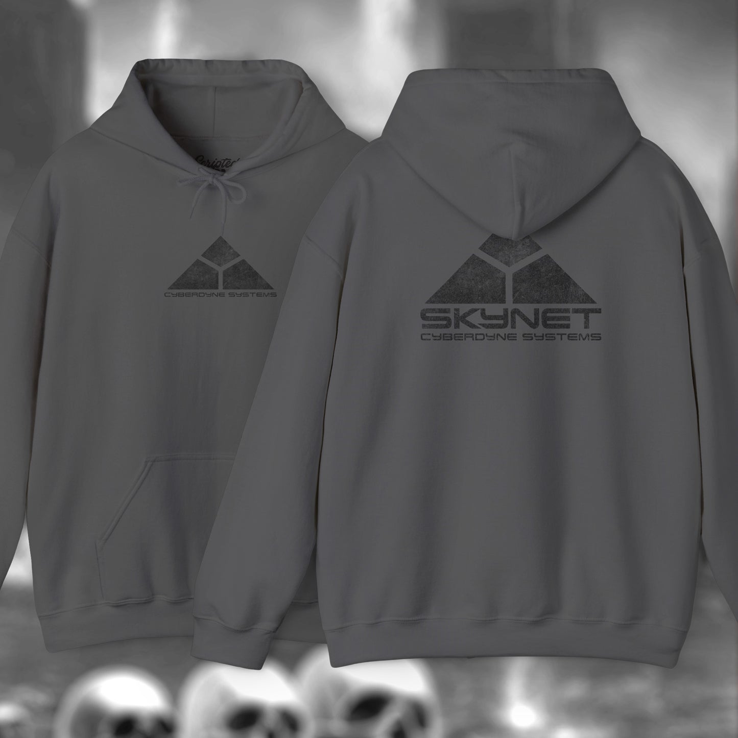 Charcoal Gray Hoodie Sweatshirt featuring the fictional logo Skynet Cyberdyne Systems from the movie The Terminator printed on front and back in a vintage distressed style.