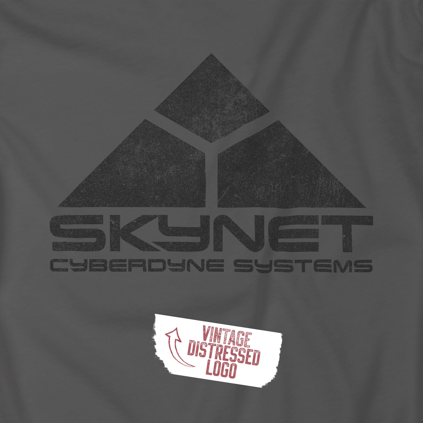 Closeup of Charcoal Gray Hoodie Sweatshirt featuring the fictional logo Skynet Cyberdyne Systems from the movie The Terminator printed on both sides in a vintage distressed style.