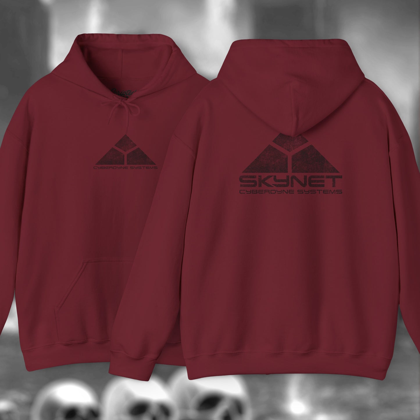 Garnet red Hoodie Sweatshirt featuring the fictional logo Skynet Cyberdyne Systems from the movie The Terminator printed on both sides in a vintage distressed style.