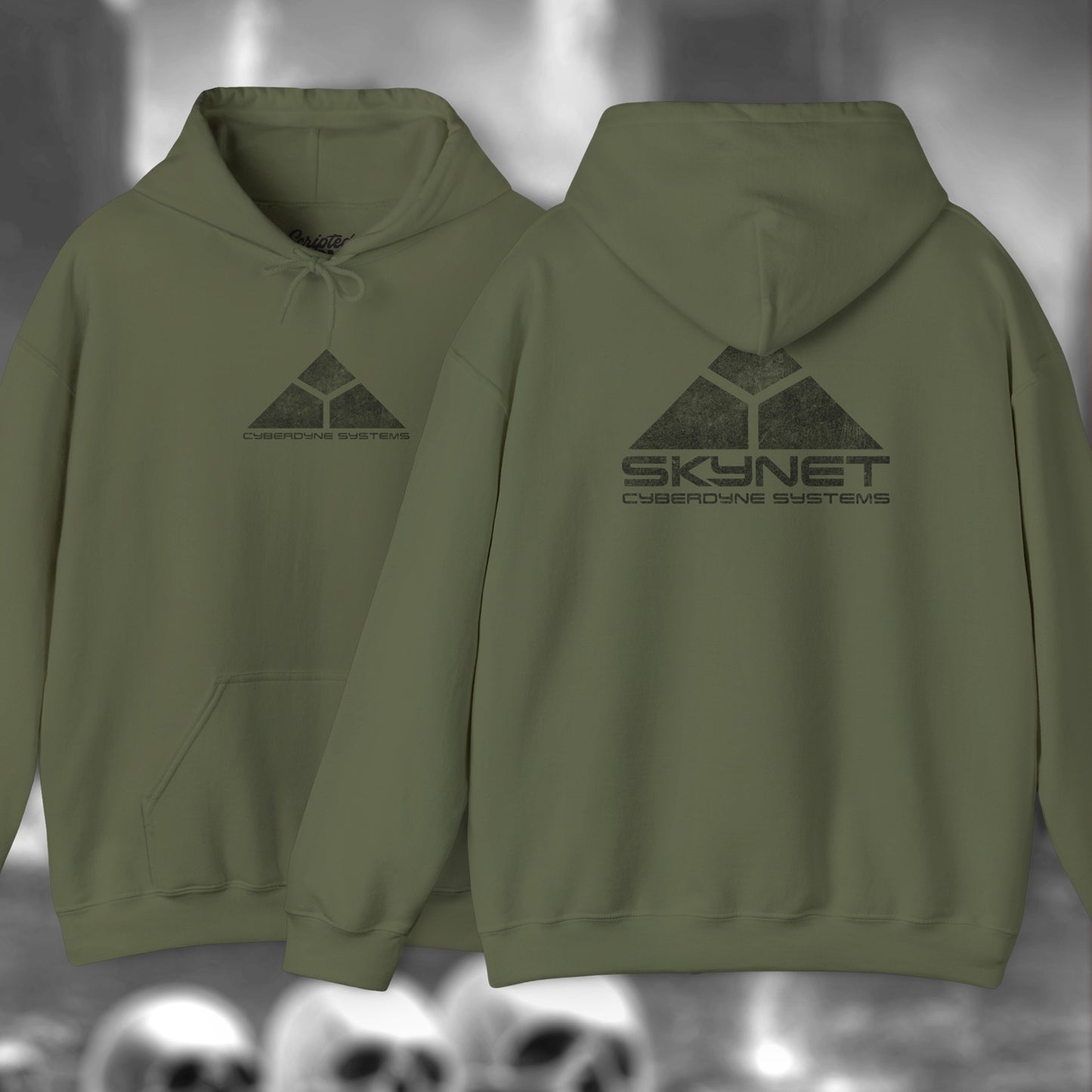 Military Green Hoodie Sweatshirt featuring the fictional logo Skynet Cyberdyne Systems from the movie The Terminator printed on both sides in a vintage distressed style.