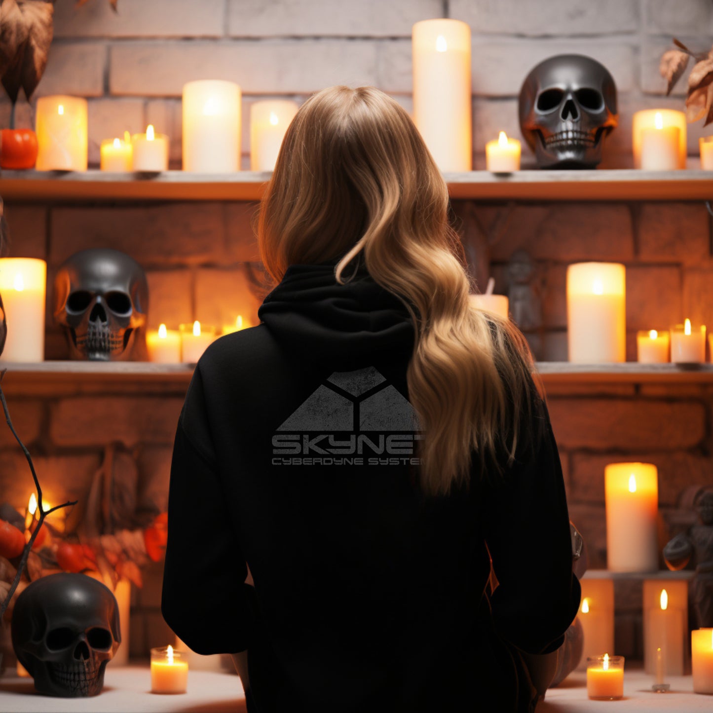 Person wearing a black hoodie featuring the fictional logo Skynet Cyberdyne Systems from the movie The Terminator printed on both sides in a vintage distressed style, in front of candles and skull decorations.