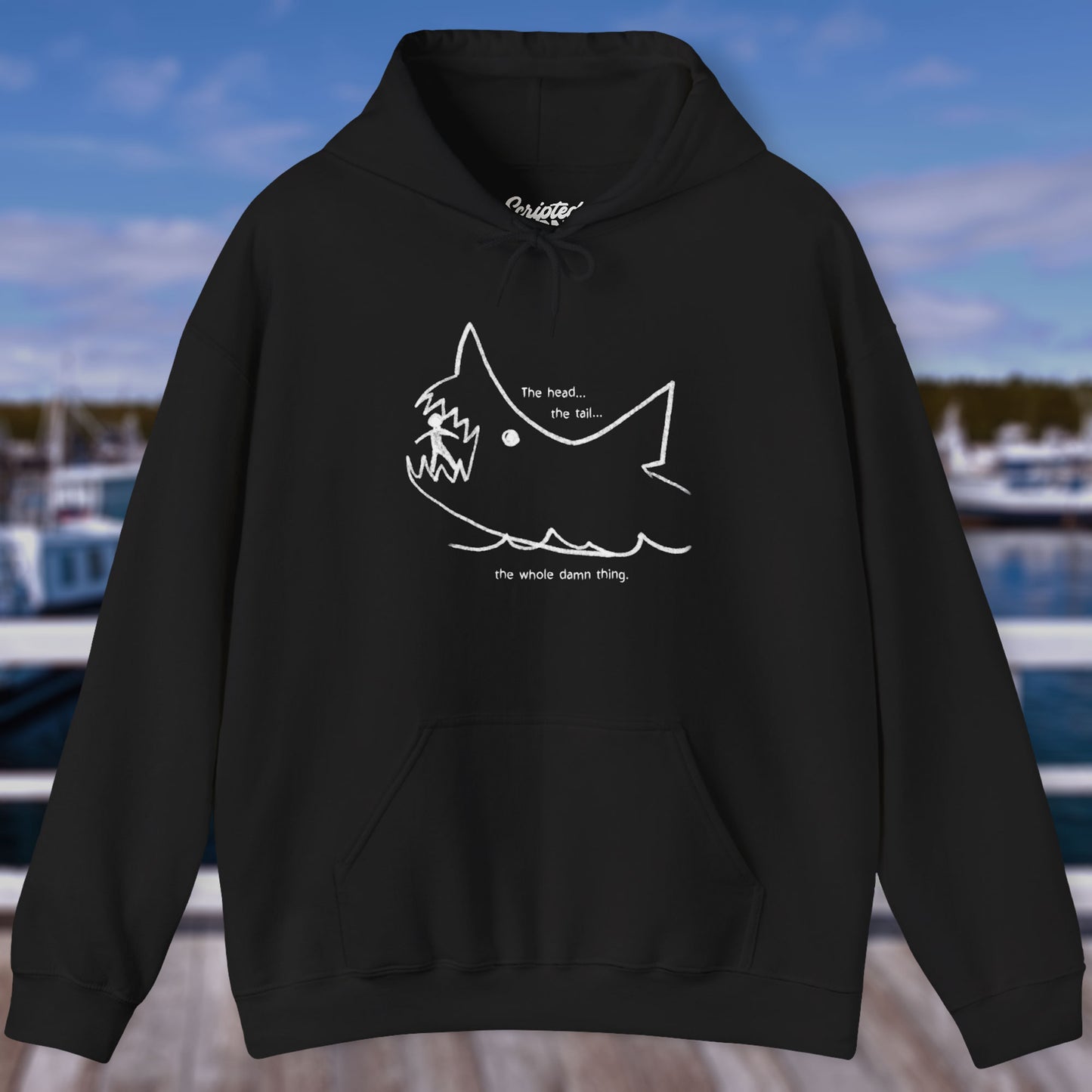 Black colored Soft Unisex Hoodie Heavy Blend Hooded Sweatshirt with the chalkboard drawing of a shark eating a person, drawn by Quint in the movie Jaws.