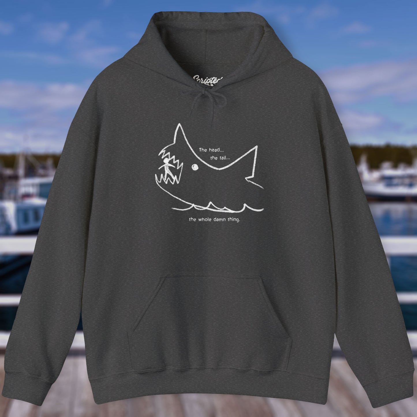 Dark Heather Gray colored Soft Unisex Hoodie Heavy Blend Hooded Sweatshirt with the chalkboard drawing of a shark eating a person, drawn by Quint in the movie Jaws.