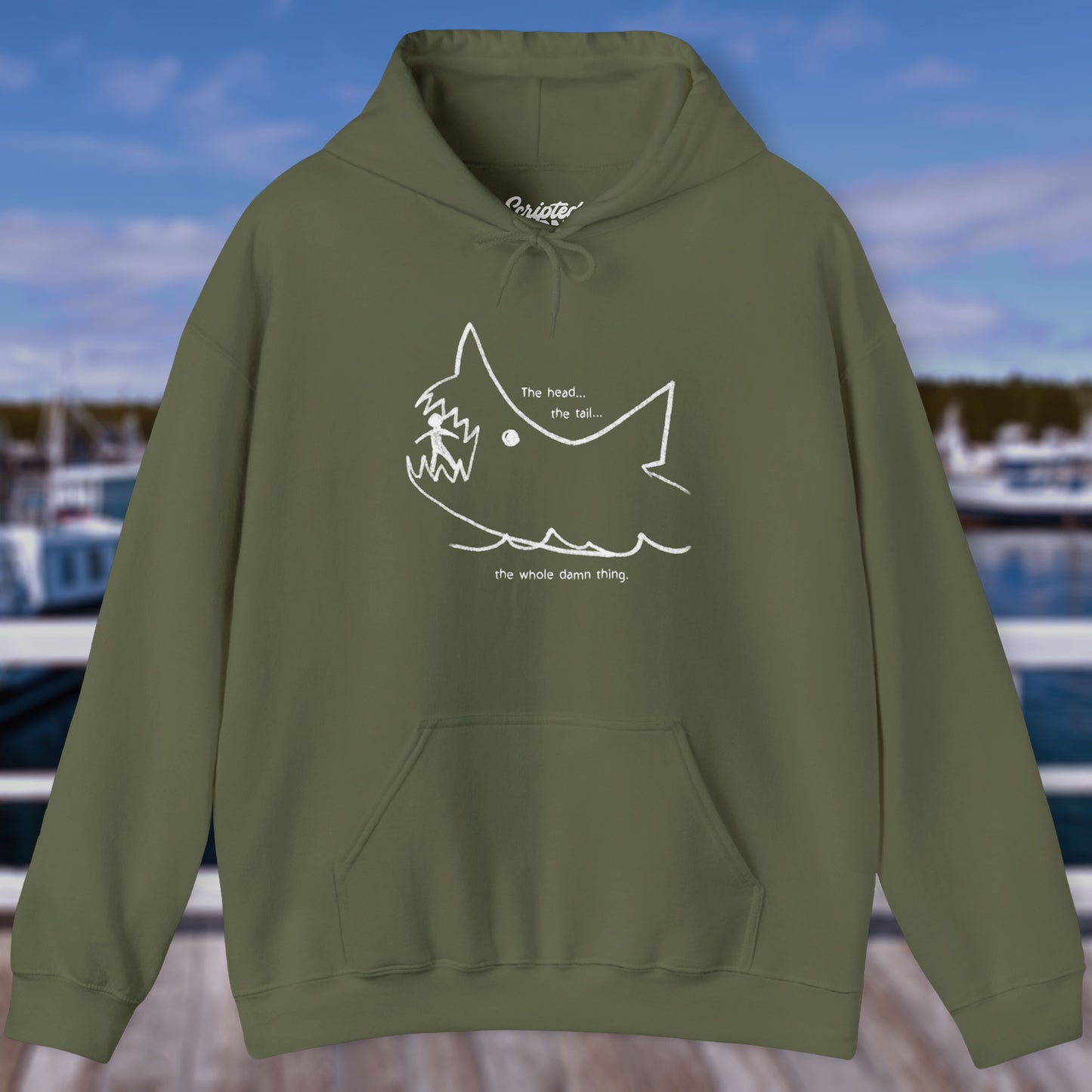 Military Green colored Soft Unisex Hoodie Heavy Blend Hooded Sweatshirt with the chalkboard drawing of a shark eating a person, drawn by Quint in the movie Jaws.