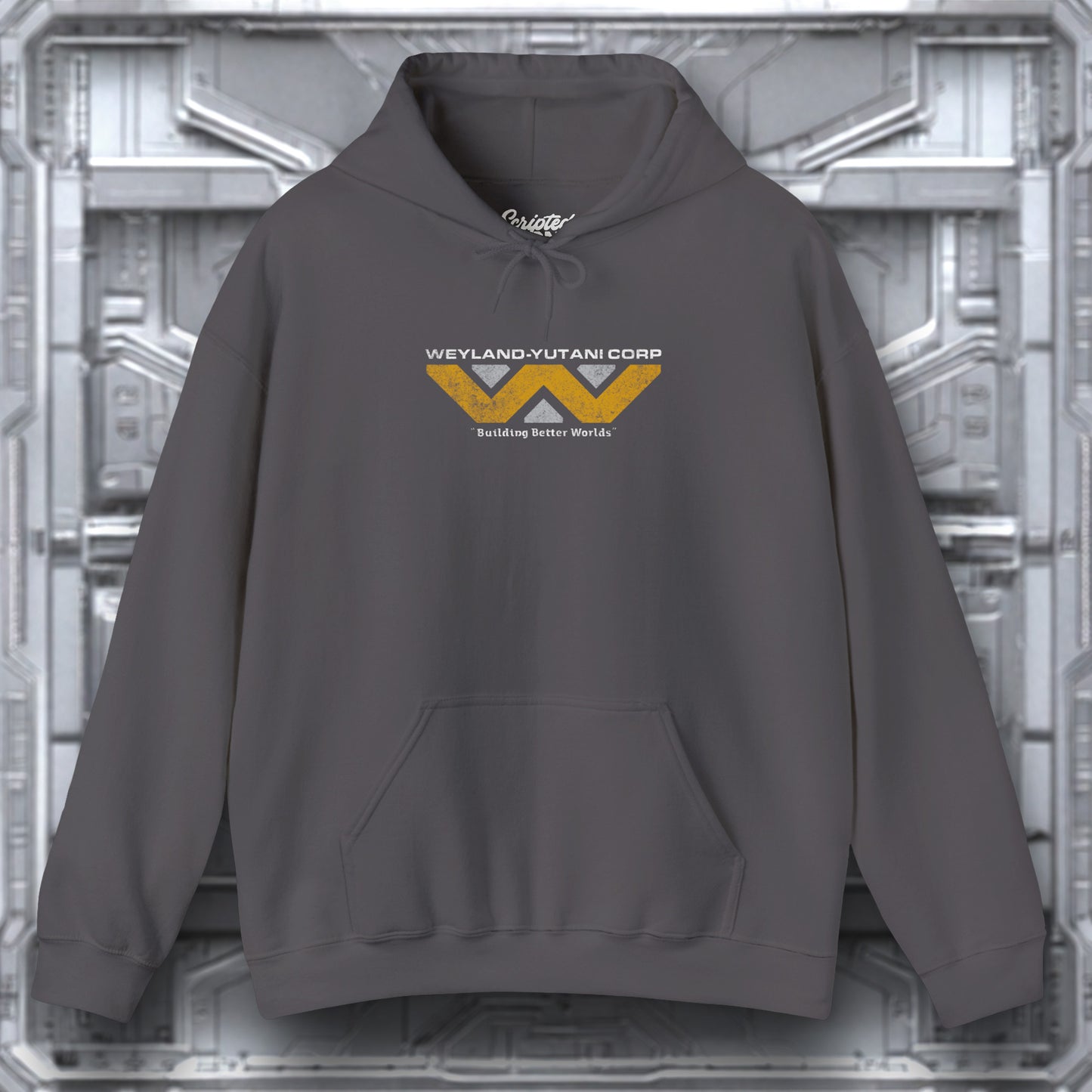 Gray hoodie with Weyland-Yutani Corp logo on a metallic background