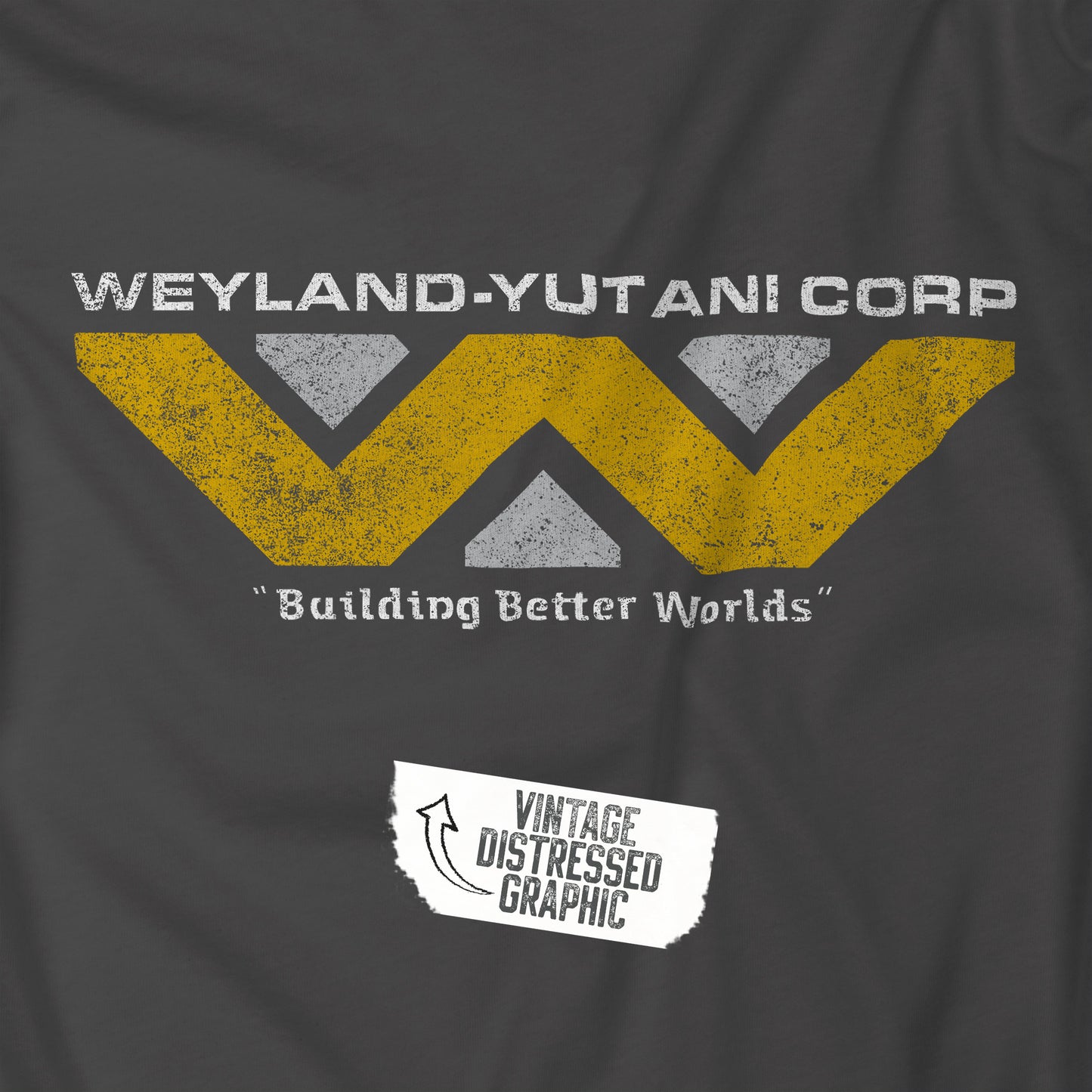Closeup of a Hoodie Sweatshirt featuring the Weyland-Yutani logo from the movie Alien and Aliens franchise in a vintage distressed style.