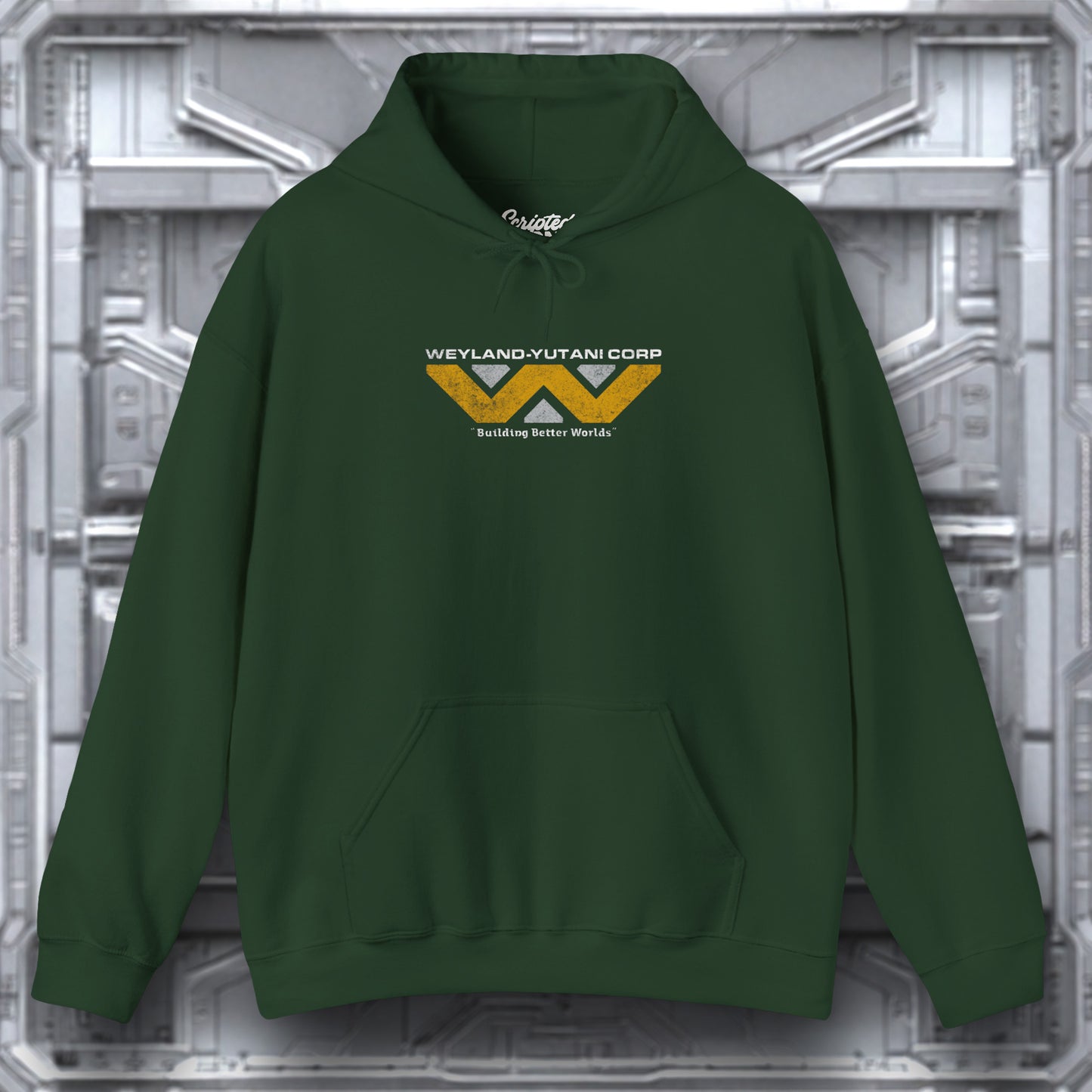 Green hoodie with 'Weyland-Yutani Corp' logo on a metallic background