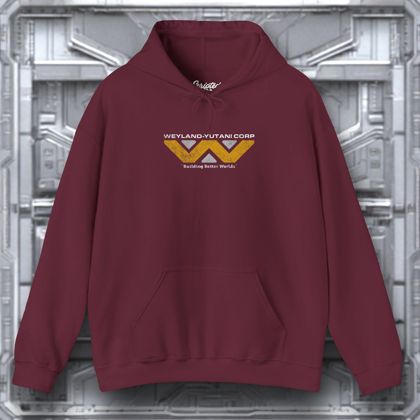Maroon hoodie with Weyland-Yutani Corp logo on a metallic background