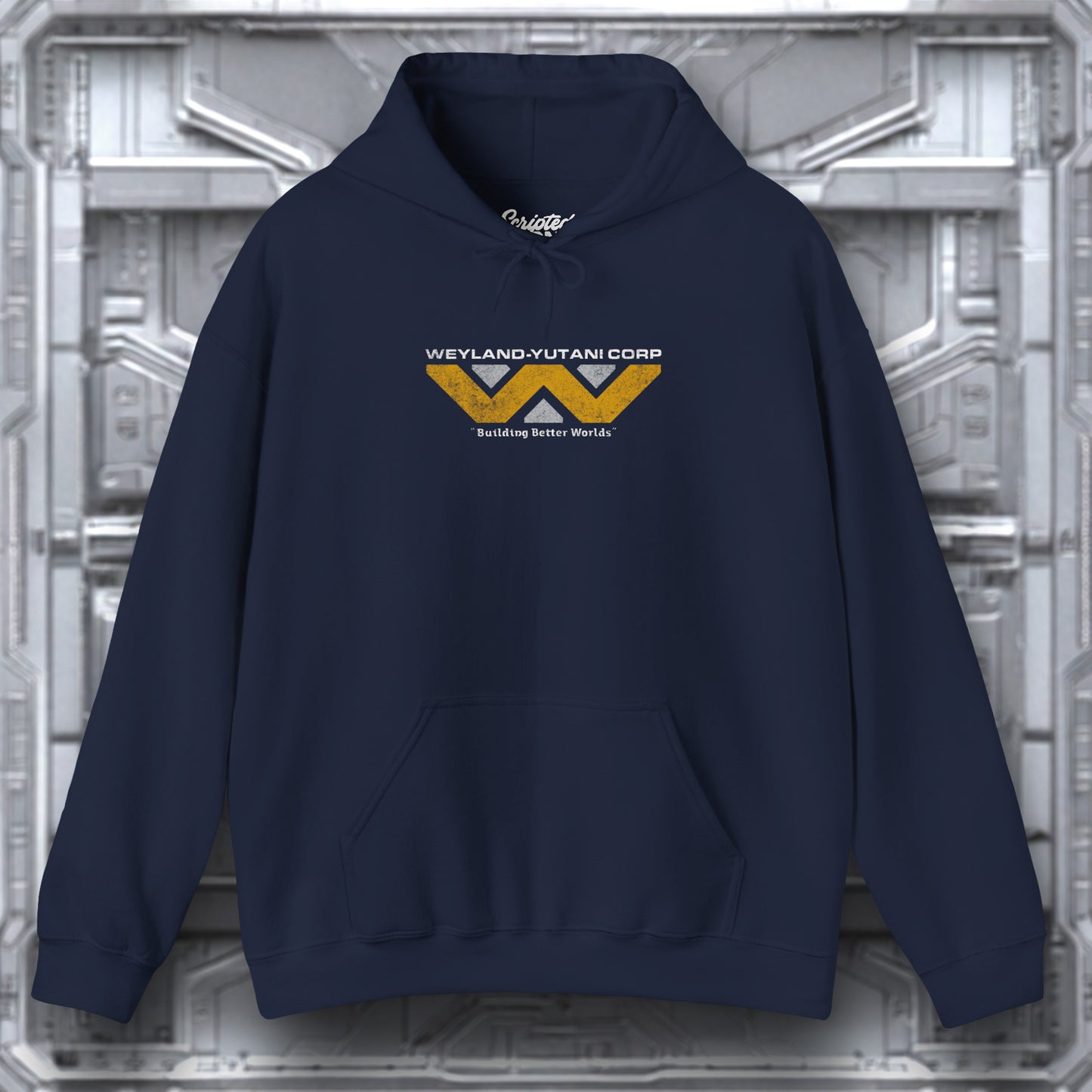 Navy blue hoodie with a logo on a metallic background