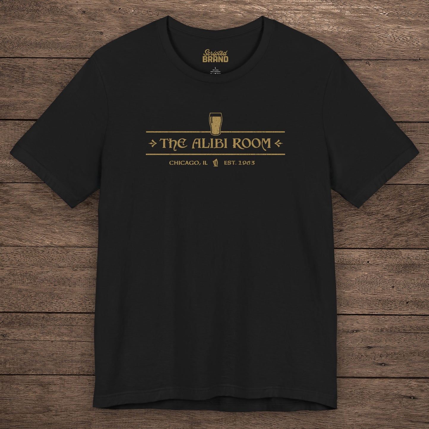 Black t-shirt featuring The Alibi Room logo graphic inspired by the TV show Shameless in a vintage distressed style.