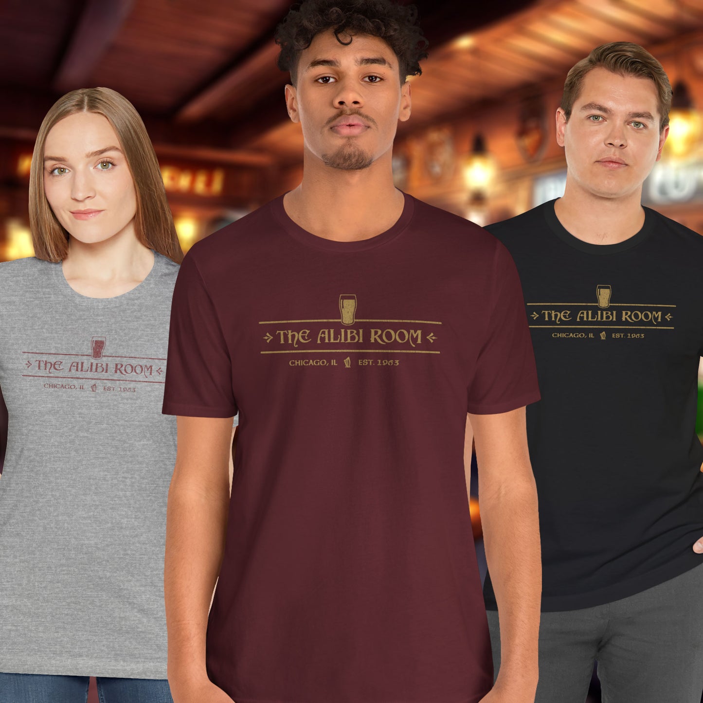 3 models wearing t-shirts featuring The Alibi Room logo graphic inspired by the TV show Shameless in a vintage distressed style.