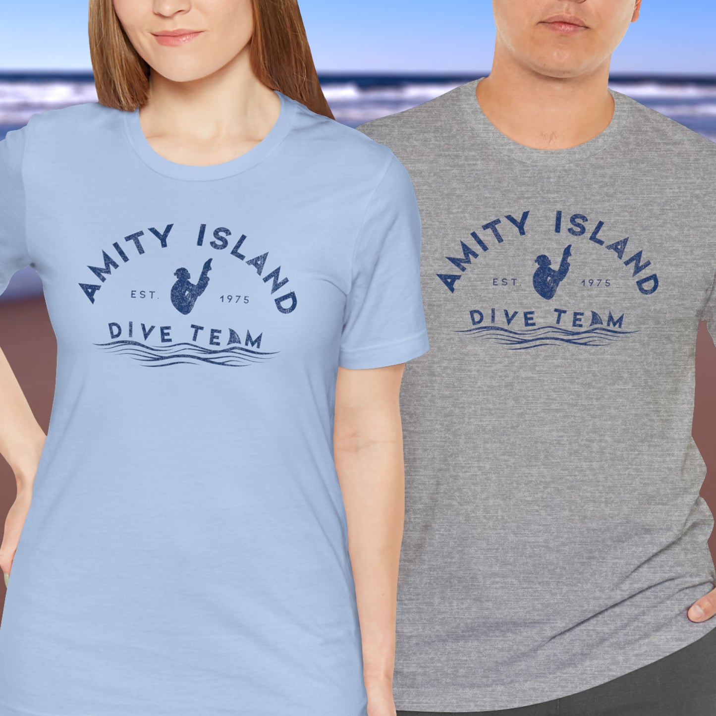 2 models wearing Bella+Canvas t-shirts with vintage-style Amity Island Dive Team logo, inspired by the movie Jaws.