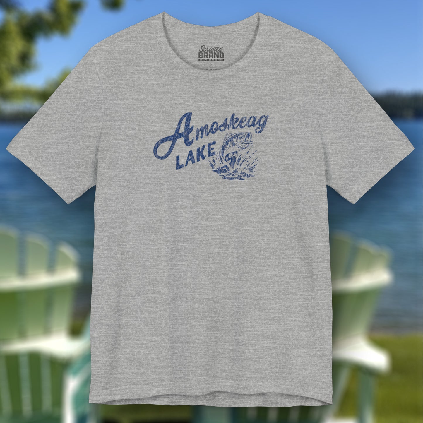 Heather Gray t-shirt featuring the Amoskeag Lake graphic worn by Salma Hayek in the movie Grown Ups in a vintage distressed style.
