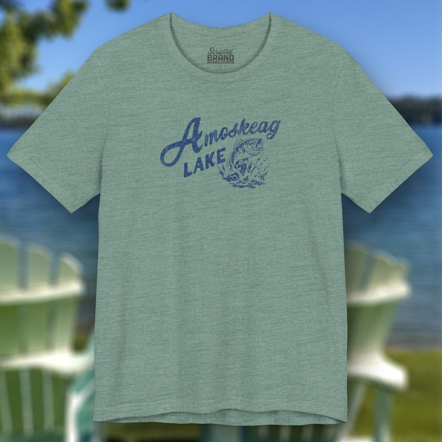 Heather Green t-shirt featuring the Amoskeag Lake graphic worn by Salma Hayek in the movie Grown Ups in a vintage distressed style.