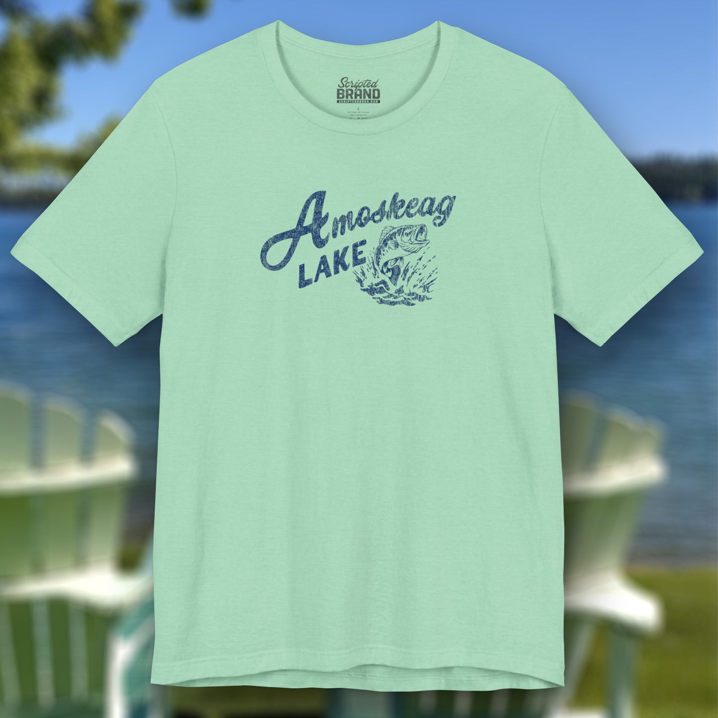Heather Mint Green t-shirt featuring the Amoskeag Lake graphic worn by Salma Hayek in the movie Grown Ups in a vintage distressed style.