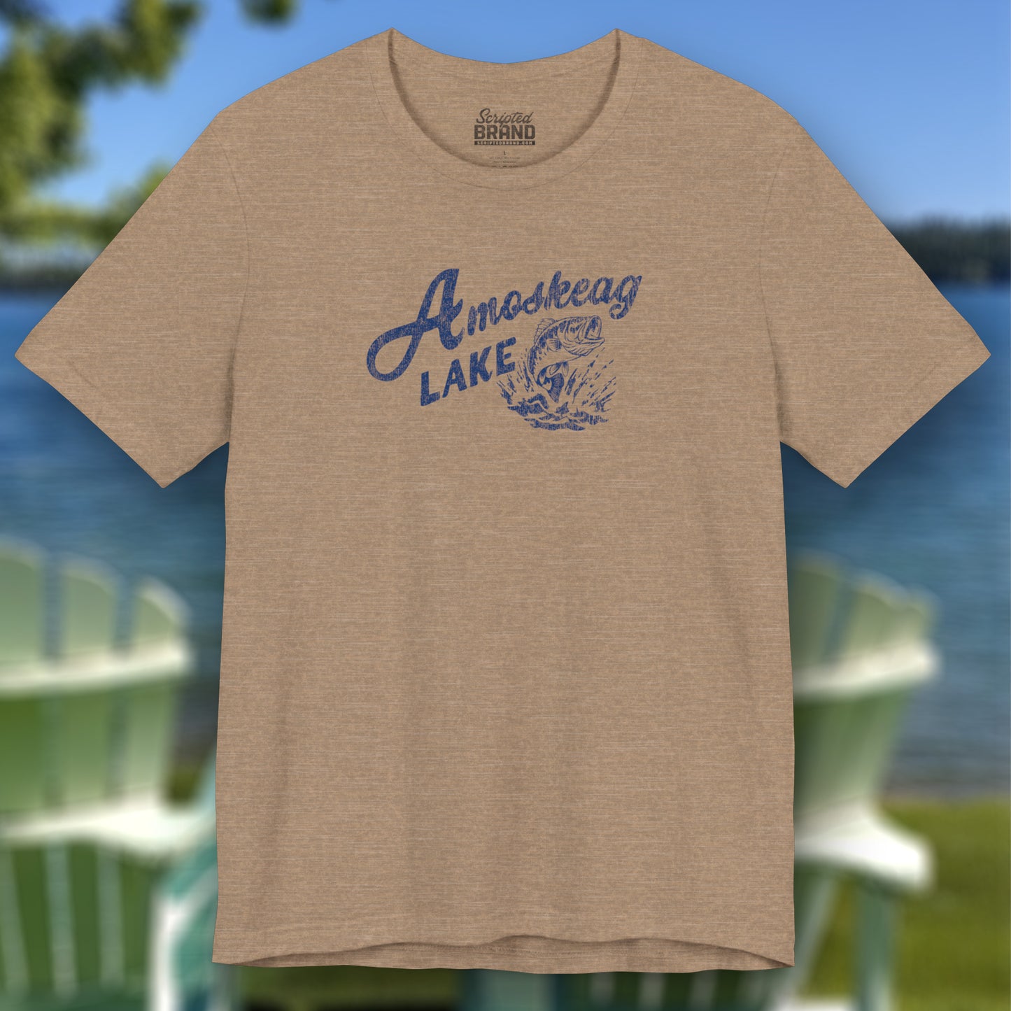 Heather Tan t-shirt featuring the Amoskeag Lake graphic worn by Salma Hayek in the movie Grown Ups in a vintage distressed style.