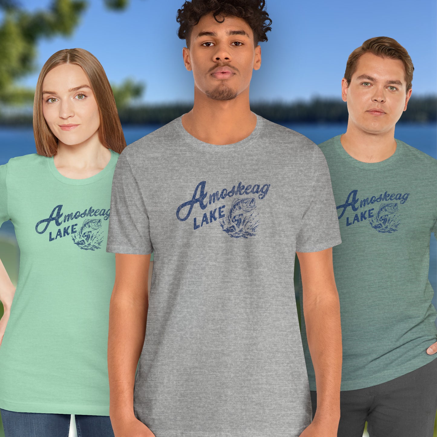Three people wearing t-shirts featuring the Amoskeag Lake graphic worn by Salma Hayek in the movie Grown Ups in a vintage distressed style.