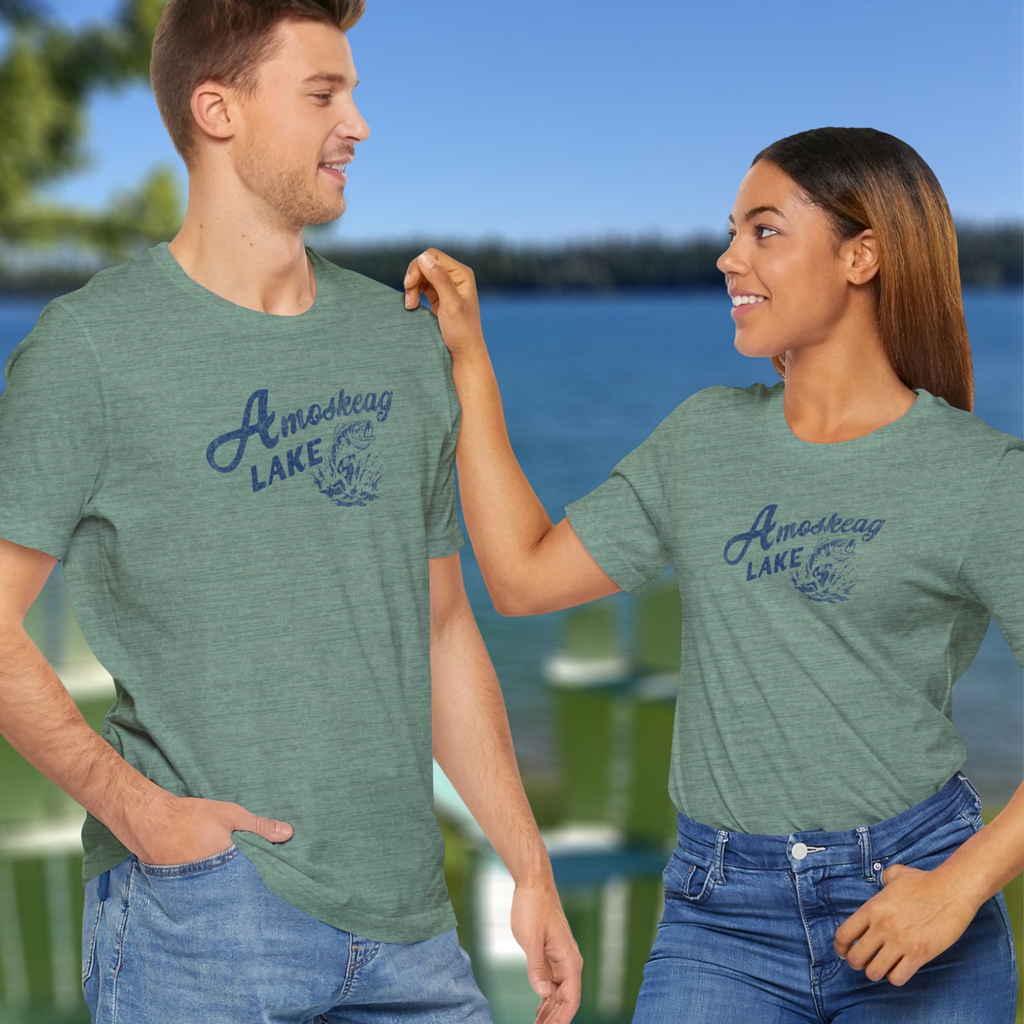 2 people wearing Heather Green t-shirts featuring the Amoskeag Lake graphic worn by Salma Hayek in the movie Grown Ups in a vintage distressed style.
