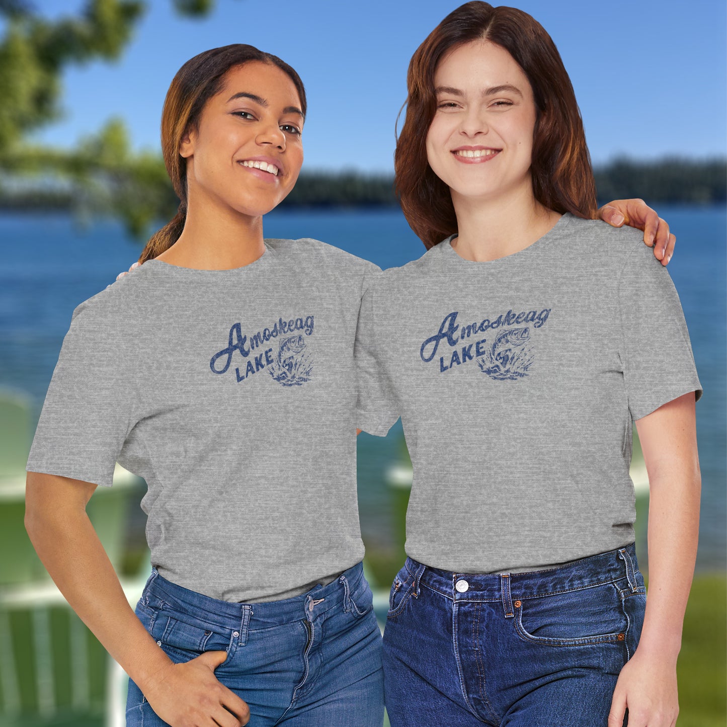 Two women wearing gray t-shirts featuring the Amoskeag Lake graphic worn by Salma Hayek in the movie Grown Ups in a vintage distressed style.