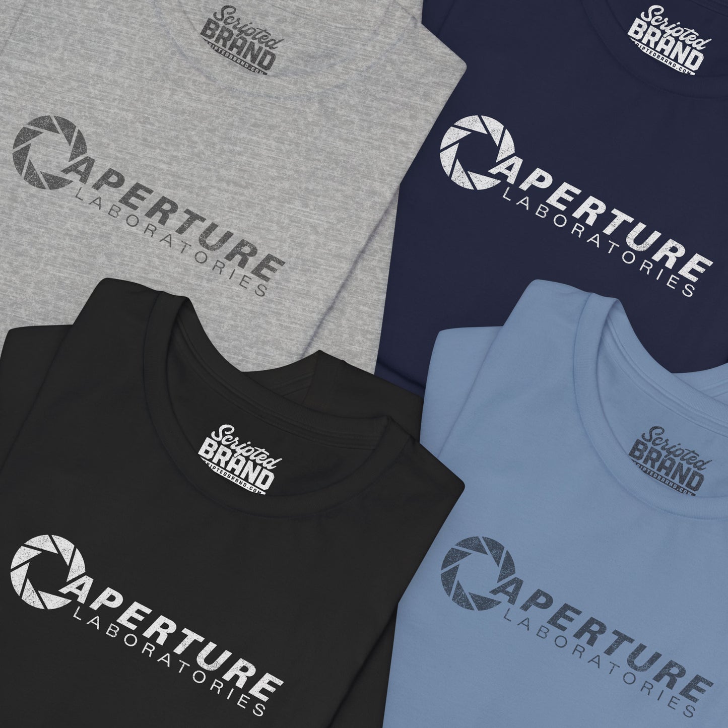 Group of four soft Bella+Canvas t-shirts with the Aperture Laboratories logo from the video game Portal and Portal 2 in a vintage ink-stamped distressed style.